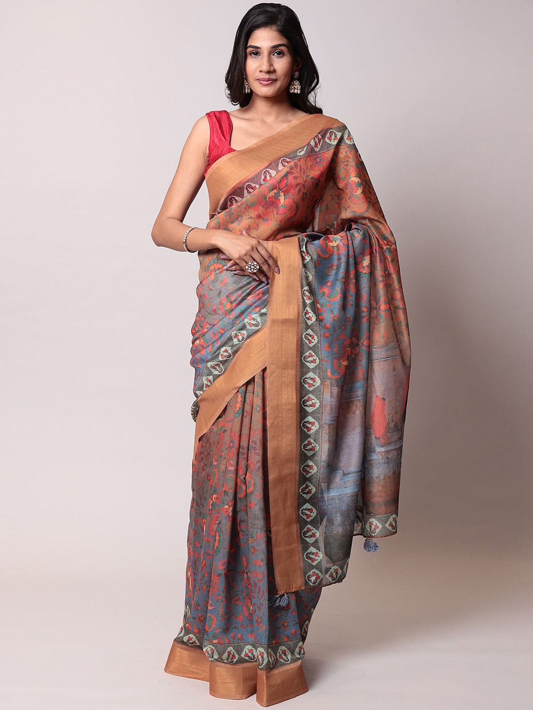 

ZARI Ethnic Motifs Printed Tissue Saree, Brown