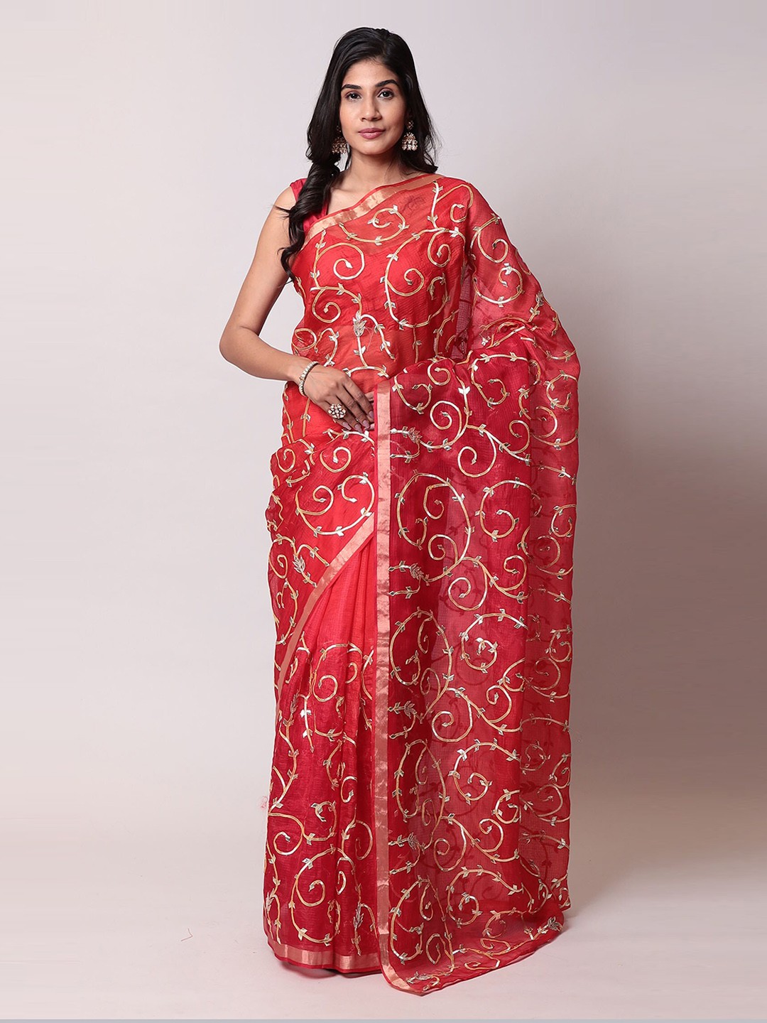 

ZARI Gotta Patti Embellished Zari Silk Cotton Saree, Red