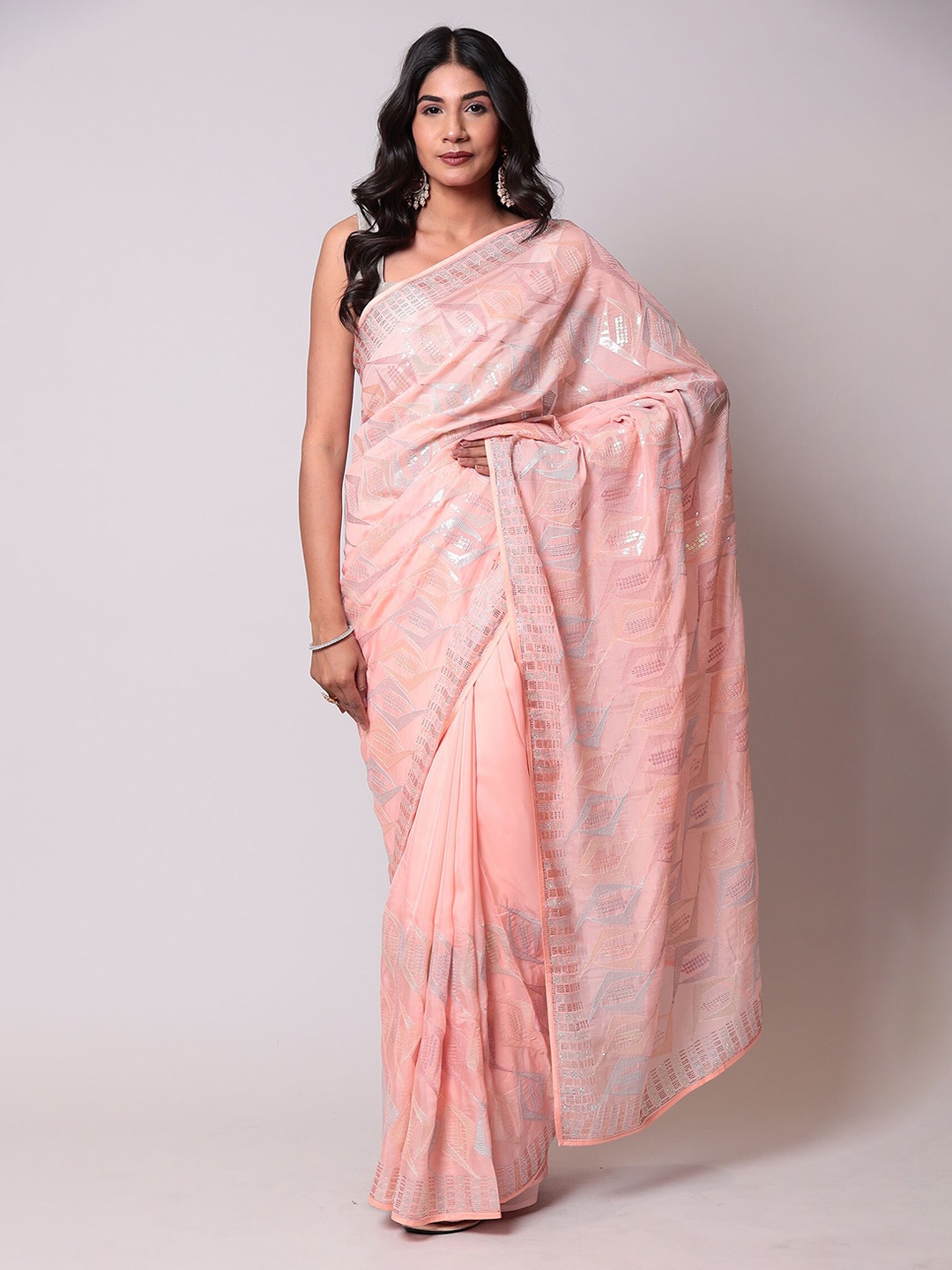 

ZARI Embellished Sequinned Georgette Saree, Peach