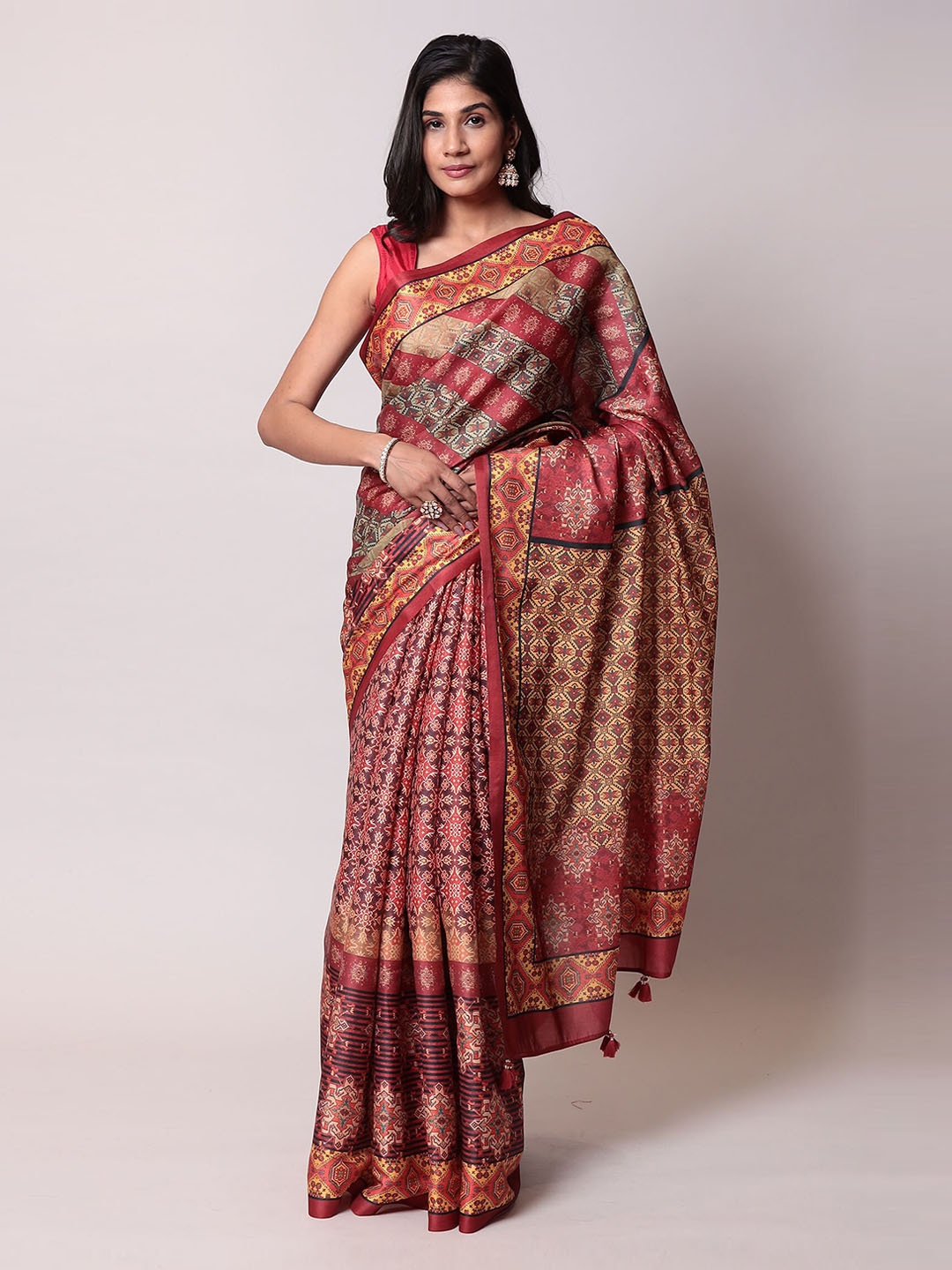 

ZARI Ethnic Motifs Printed Chanderi Cotton Saree, Red