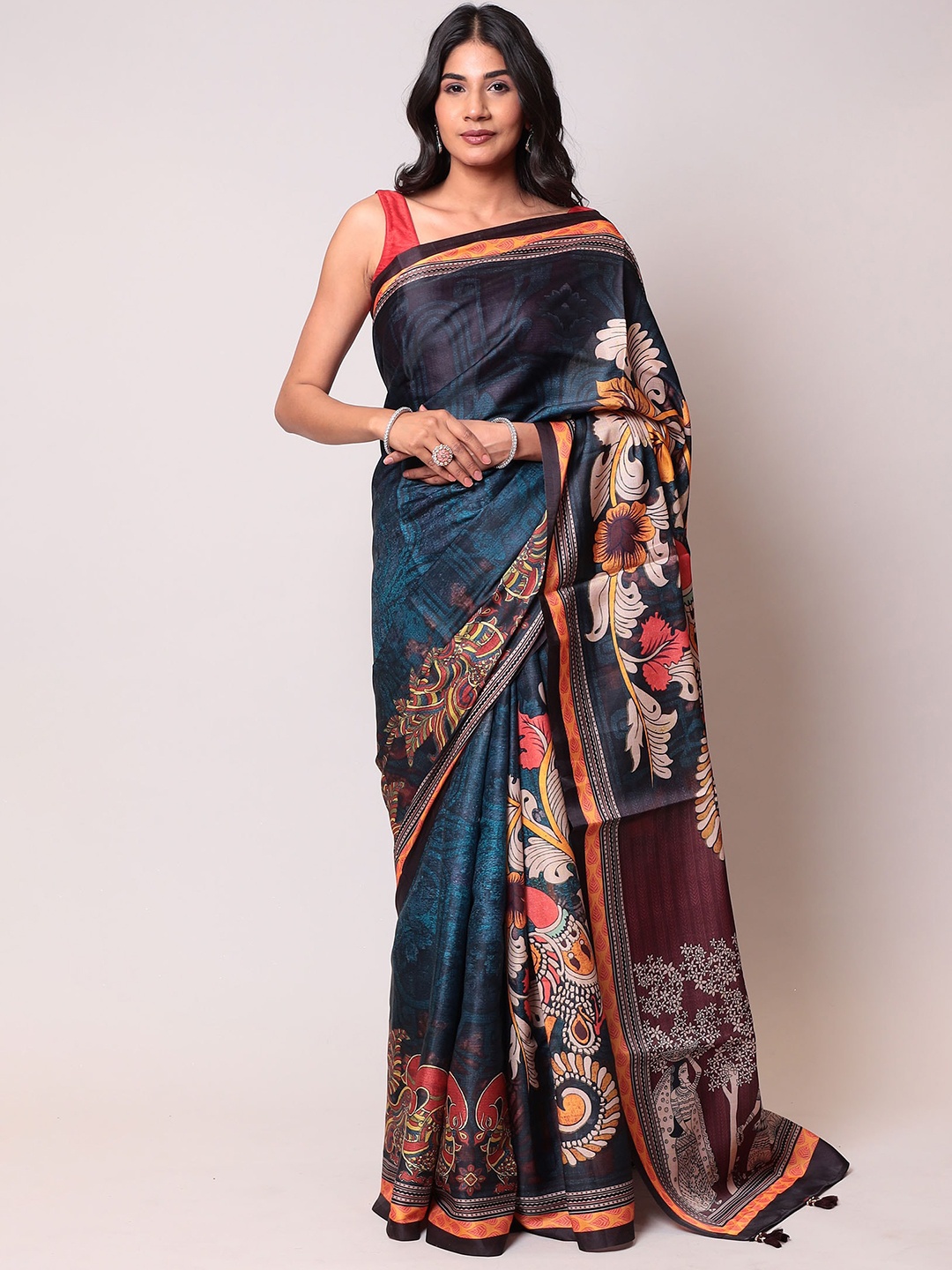 

ZARI Floral Printed Silk Blend Saree, Blue