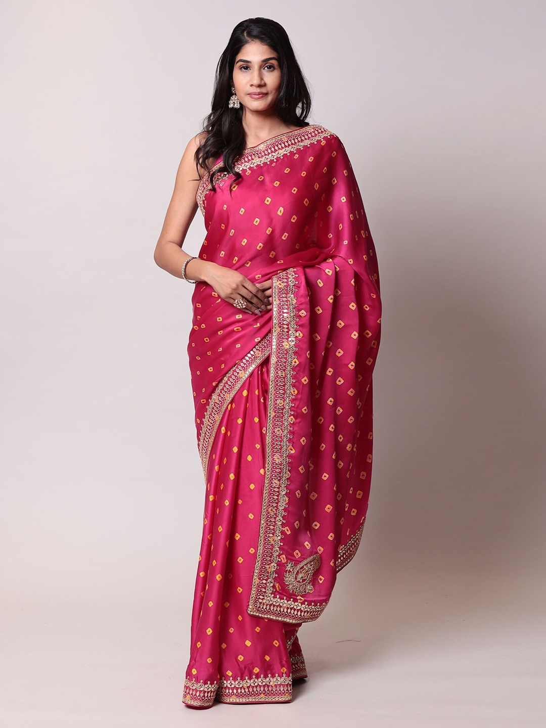 

ZARI Bandhani Printed Satin Saree, Fuchsia