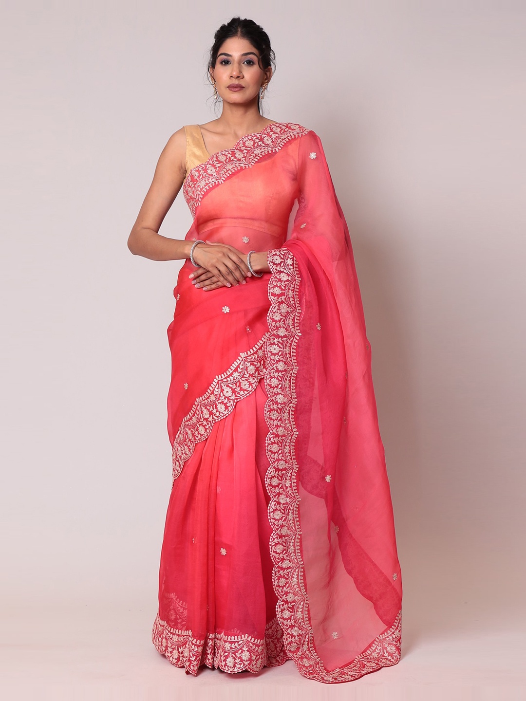 

ZARI Embroidered Organza Saree, Pink