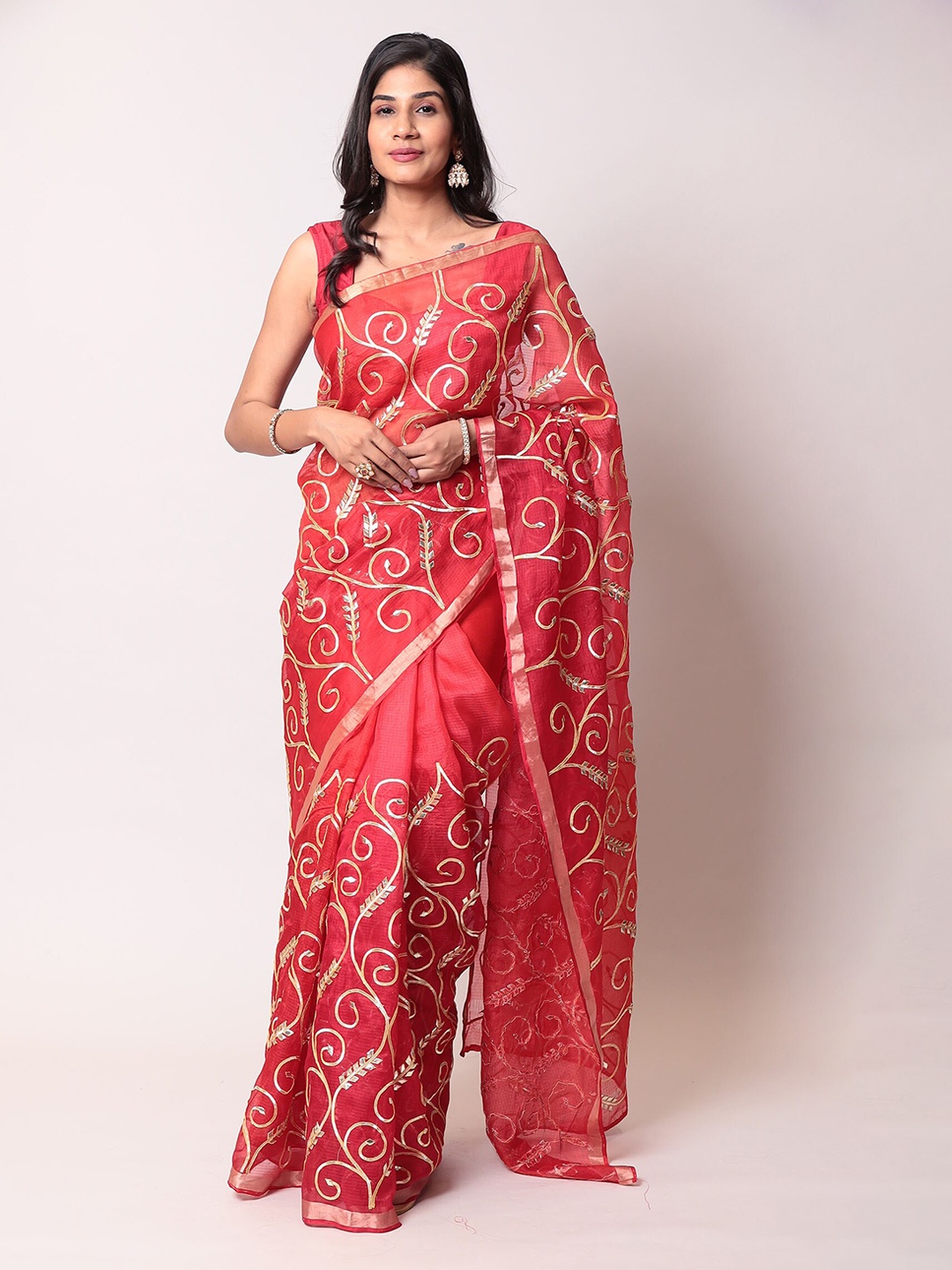 ZARI Ethnic Motifs Gotta Patti Silk Cotton Saree, Red
