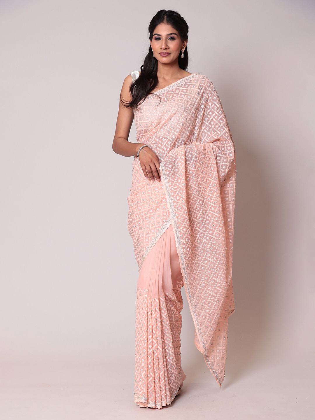 

ZARI Ethnic Motifs Embroidered Organza Saree, Peach