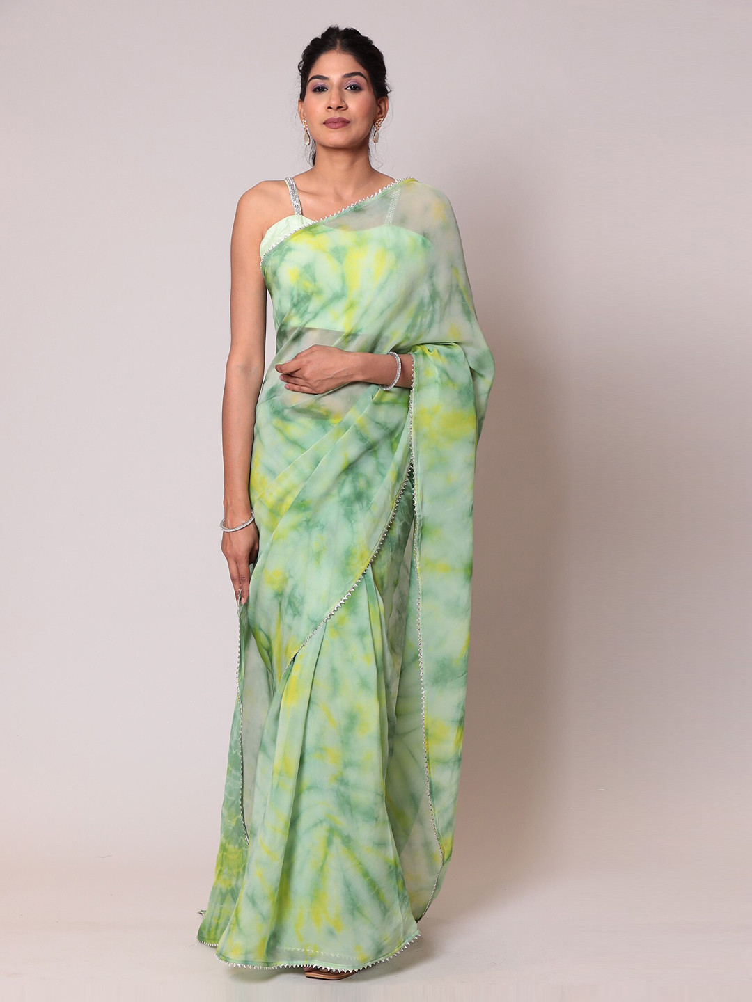 

ZARI Tie and Dye Gotta Patti Organza Saree, Green