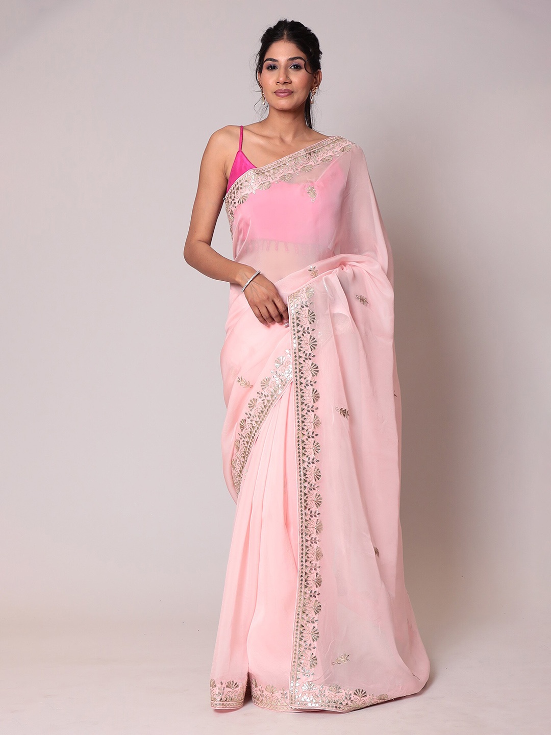 

ZARI Floral Printed Embroidered Pure Georgette Saree, Pink
