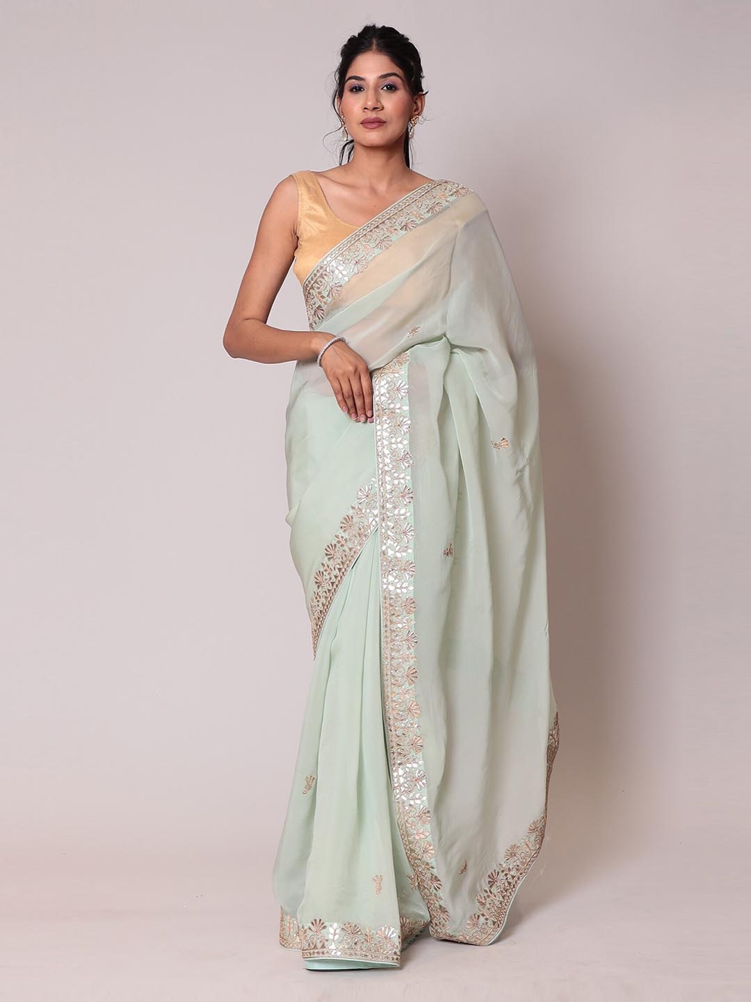 

ZARI Floral Embroidered Pure Georgette Saree, Green