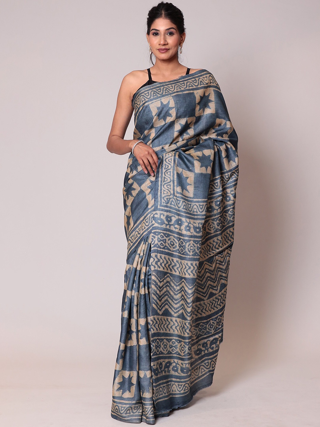 

ZARI Geometric Printed Silk Cotton Saree, Blue