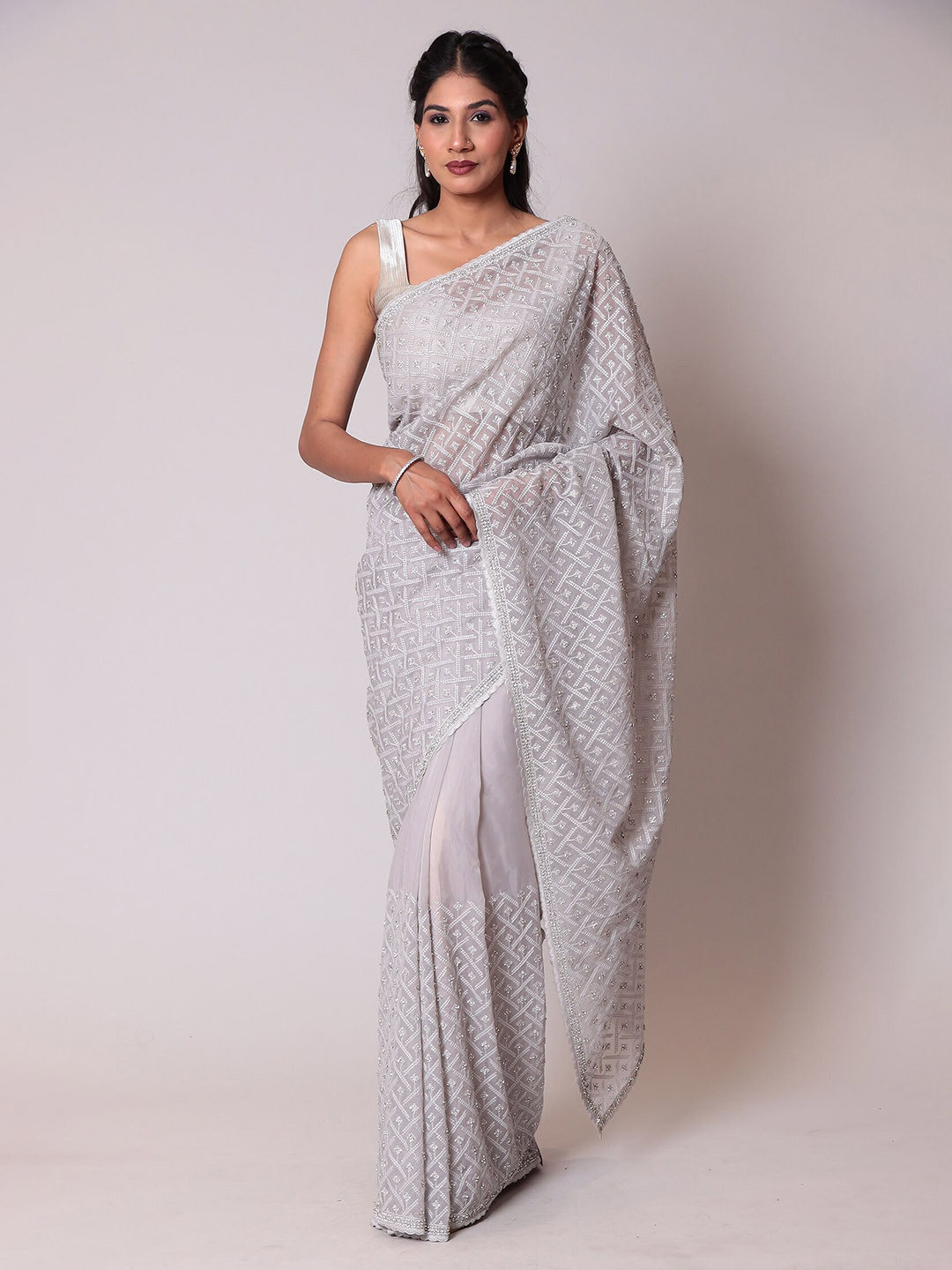 

ZARI Embroidered Organza Heavy Work Saree, Grey