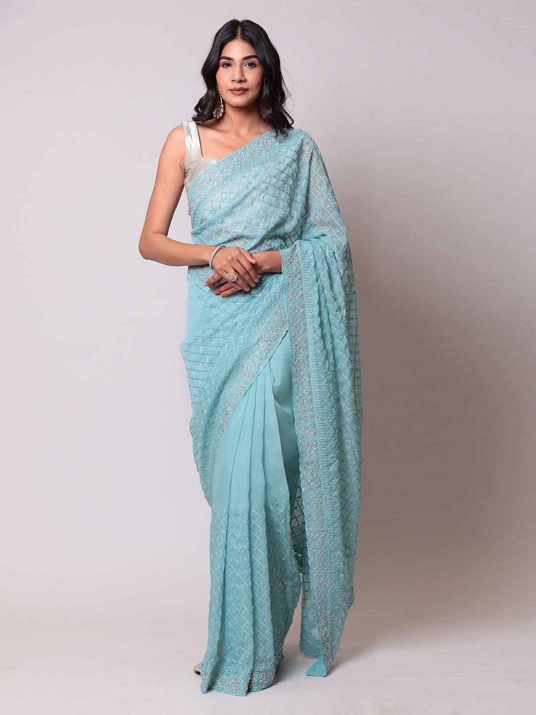 

ZARI Floral Embroidered Organza Saree, Blue