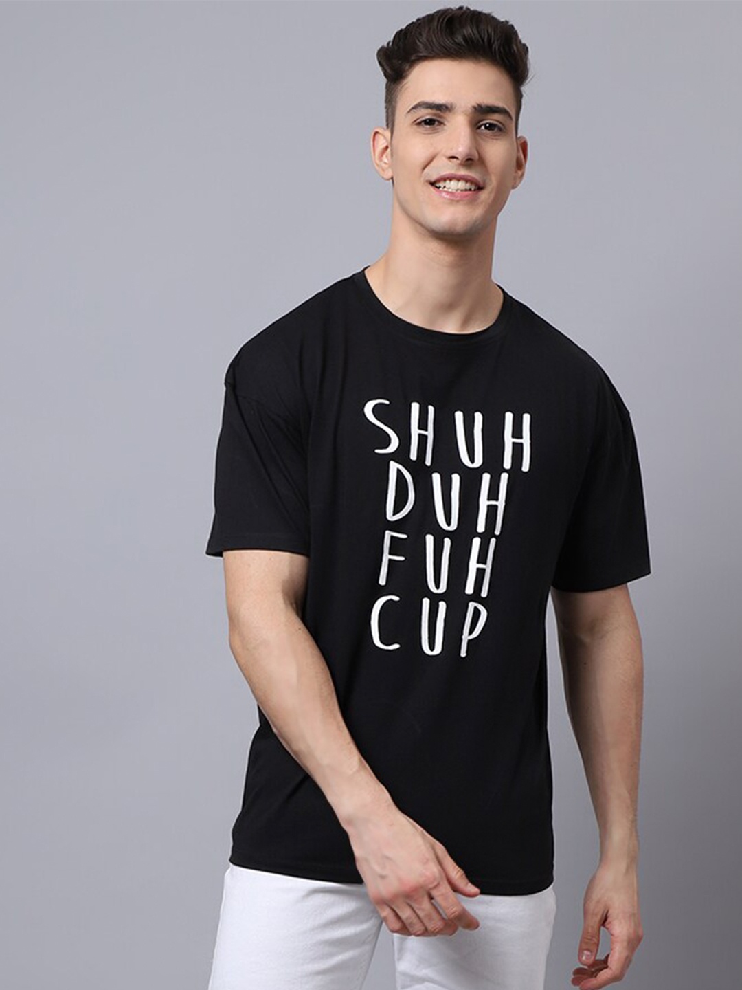 

DOOR74 Typography Printed Drop Shoulder Cotton Loose Fit T-shirt, Black