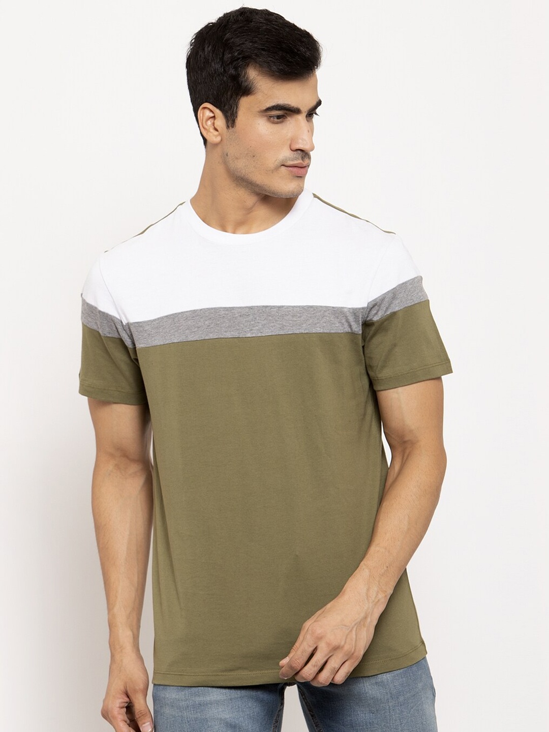 

DOOR74 Colourblocked Cotton T-shirt, Olive