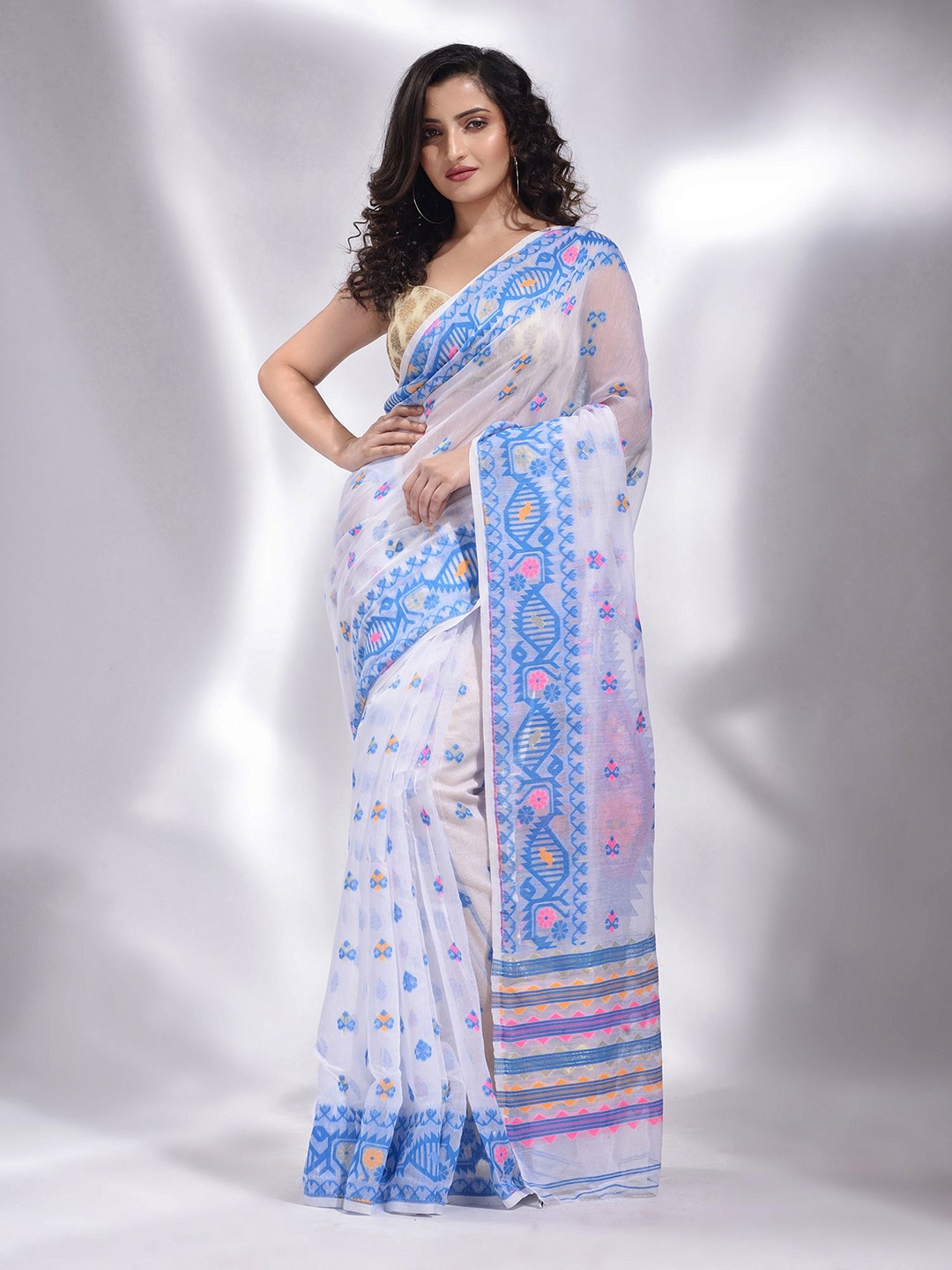 

Charukriti Ethnic Motifs Woven Design Silk Cotton Jamdani Saree, White