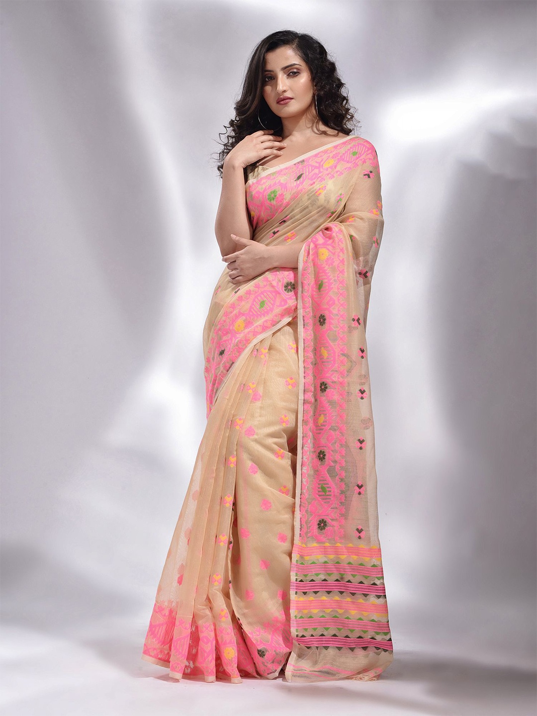 

Charukriti Ethnic Woven Design Silk Cotton Jamdani Saree, Beige