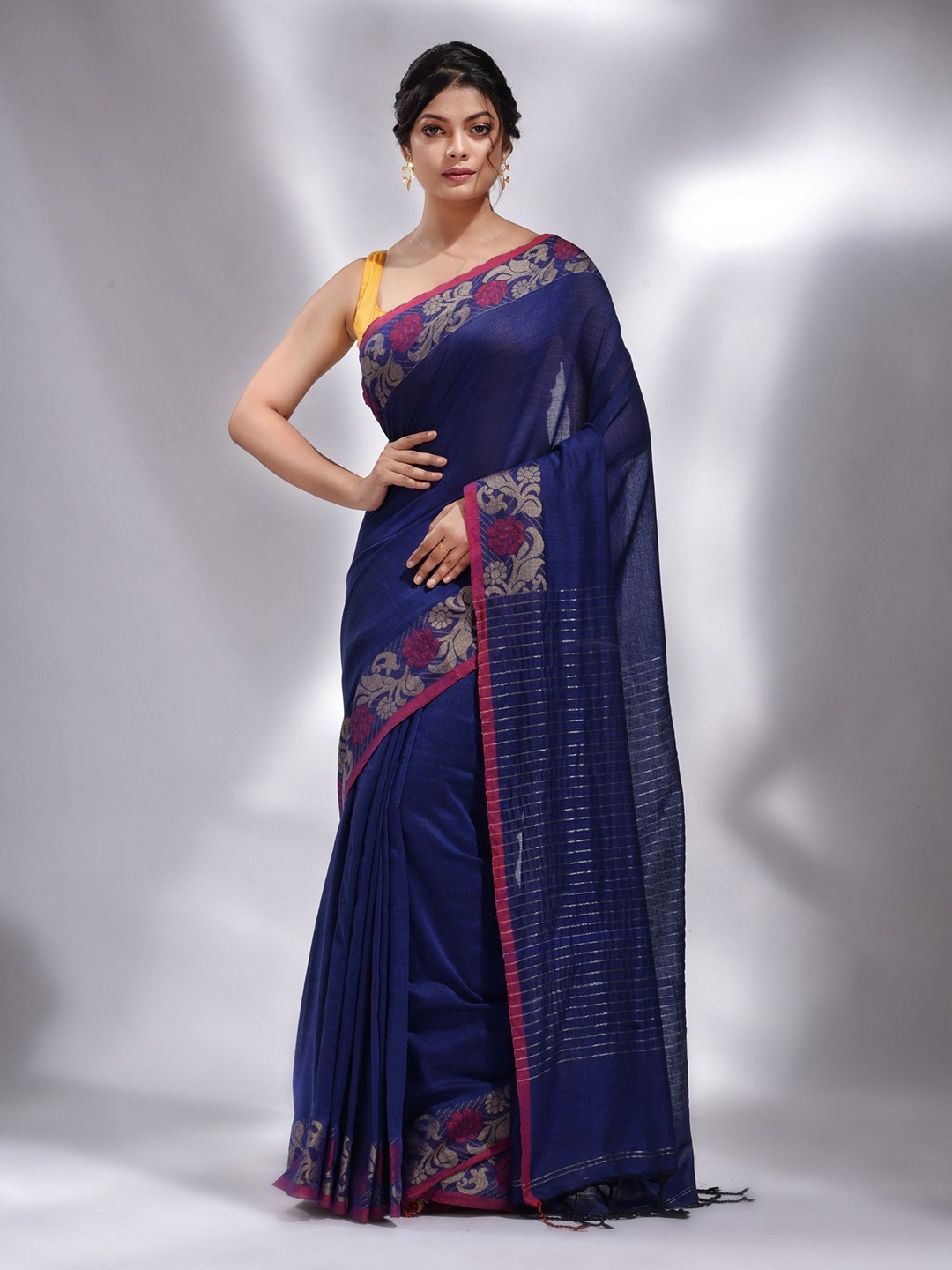 

Charukriti Navy Blue & Pink Pure Cotton Saree