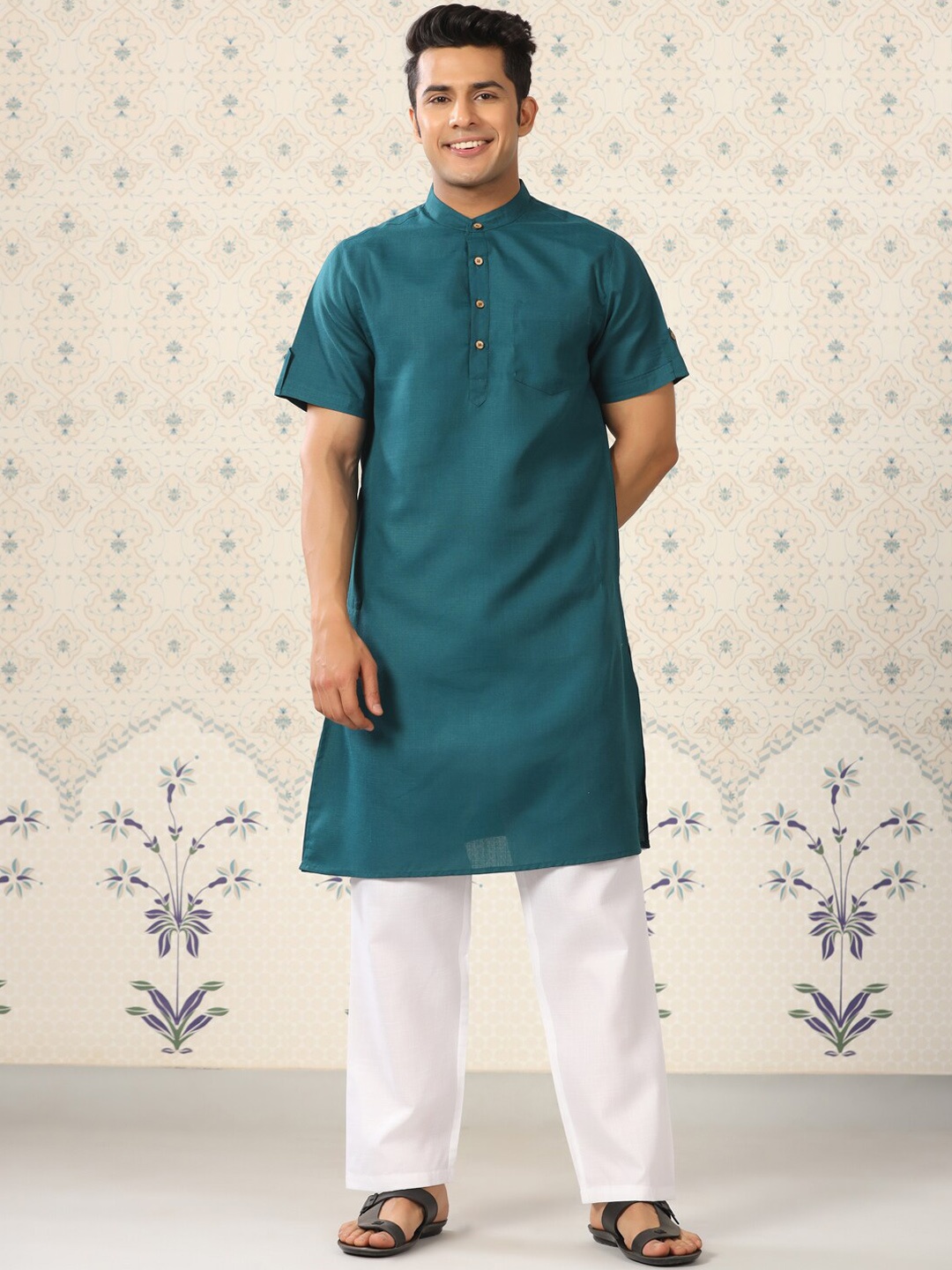 

Ode by House of Pataudi Men Band Collar Cotton Kurta With Pyjamas, Teal