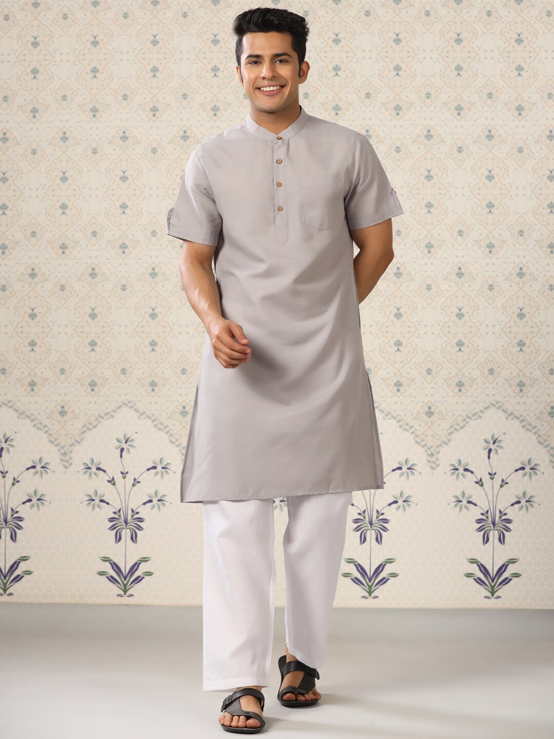 

Ode by House of Pataudi Men Mandarin Collar Kurta With Pyjamas, Grey
