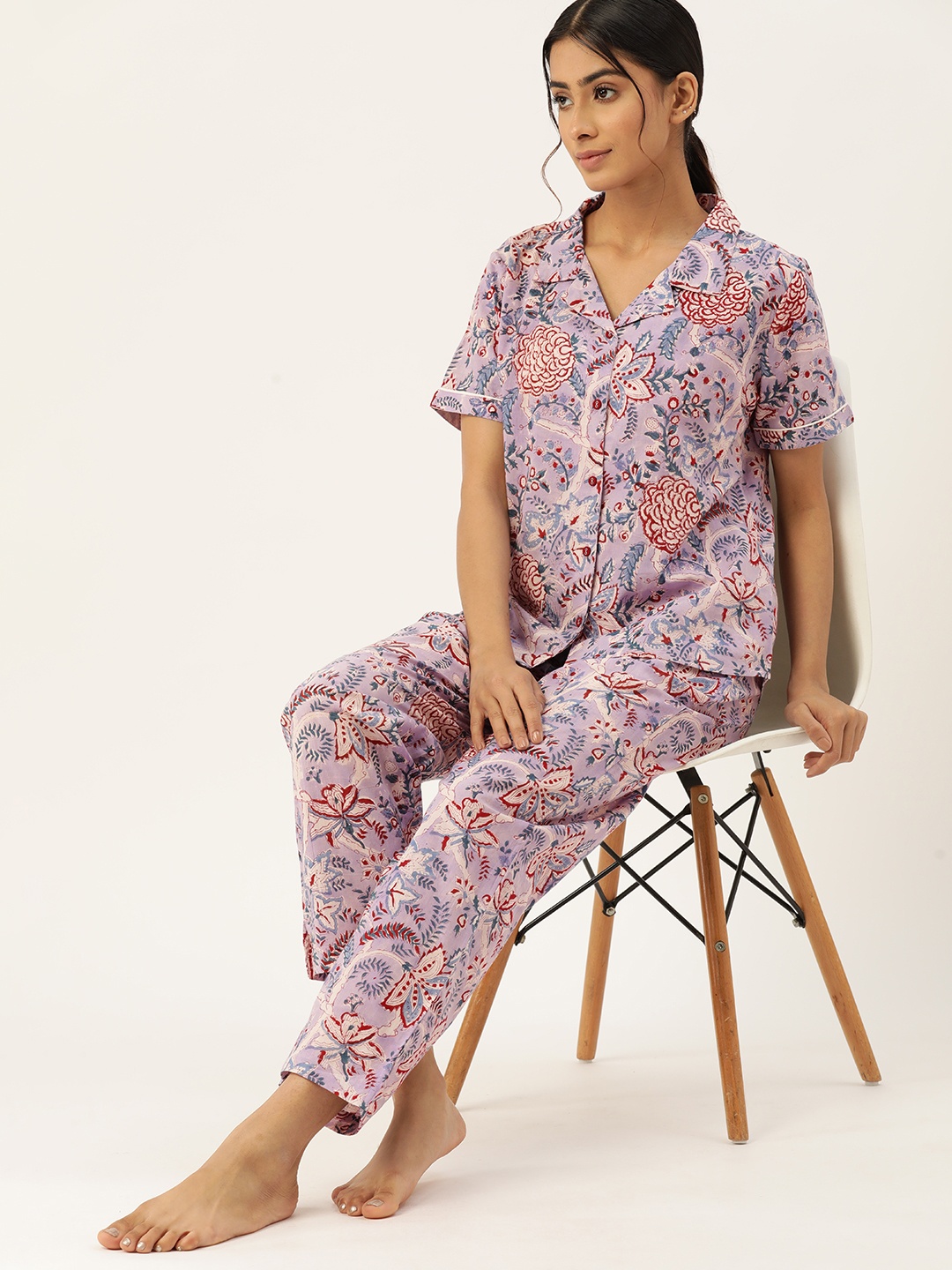 

ETC Women Floral Printed Pure Cotton Night Suit, Blue