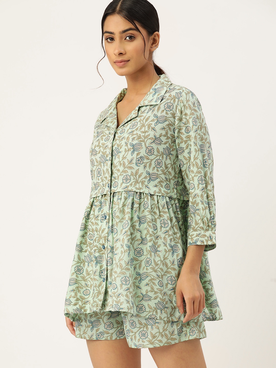 

ETC Women Floral Printed Pure Cotton Night Suit, Green