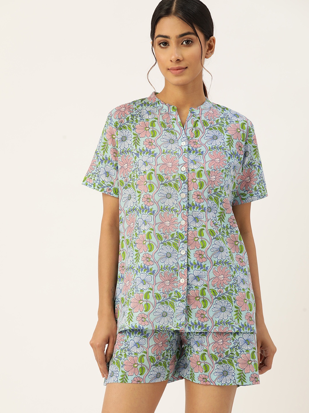 

ETC Women Floral Printed Pure Cotton Night suit, Green