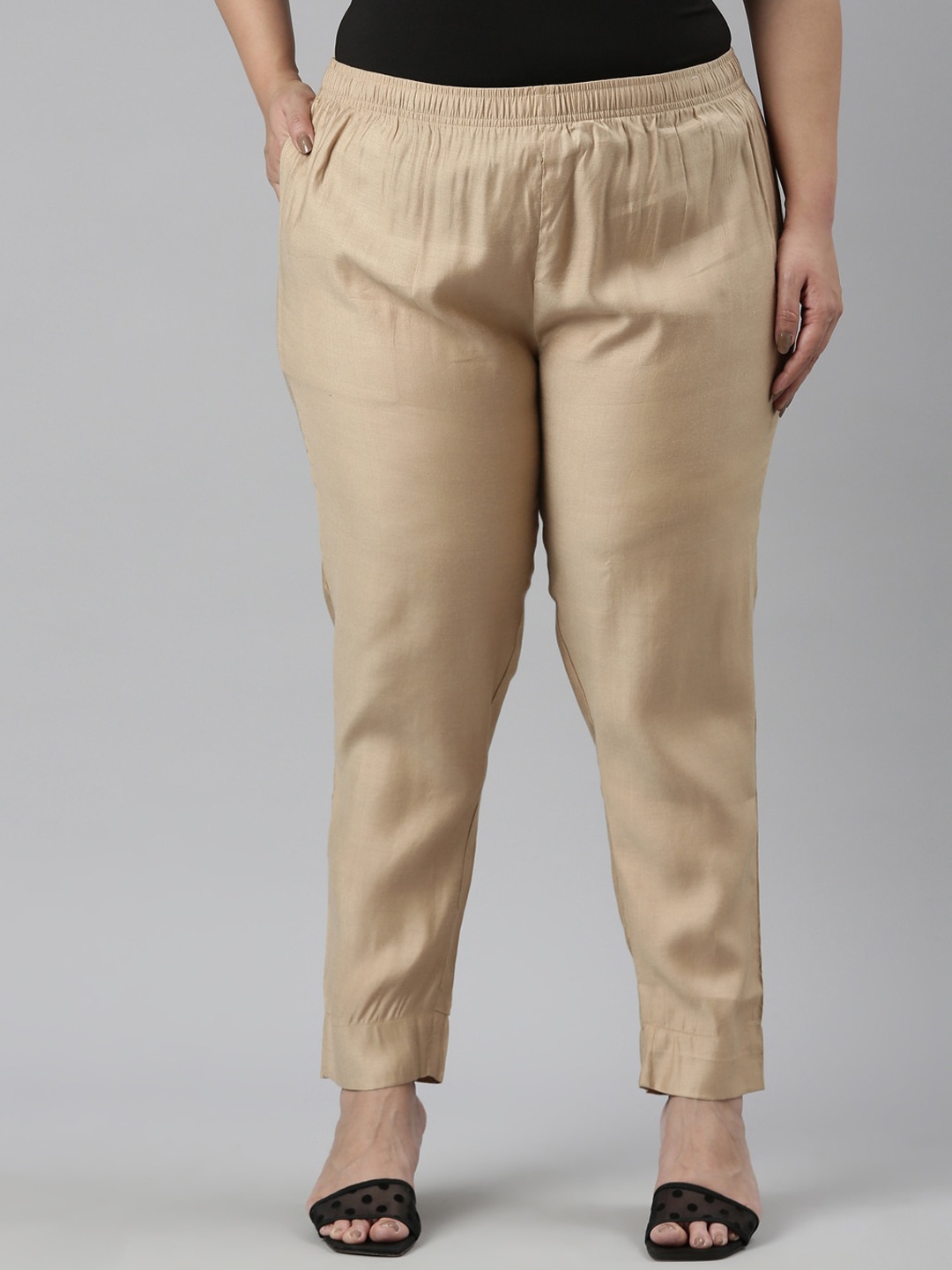 

Go Colors Women Plus Size Tailored Tapered Fit Silk Trousers, Gold