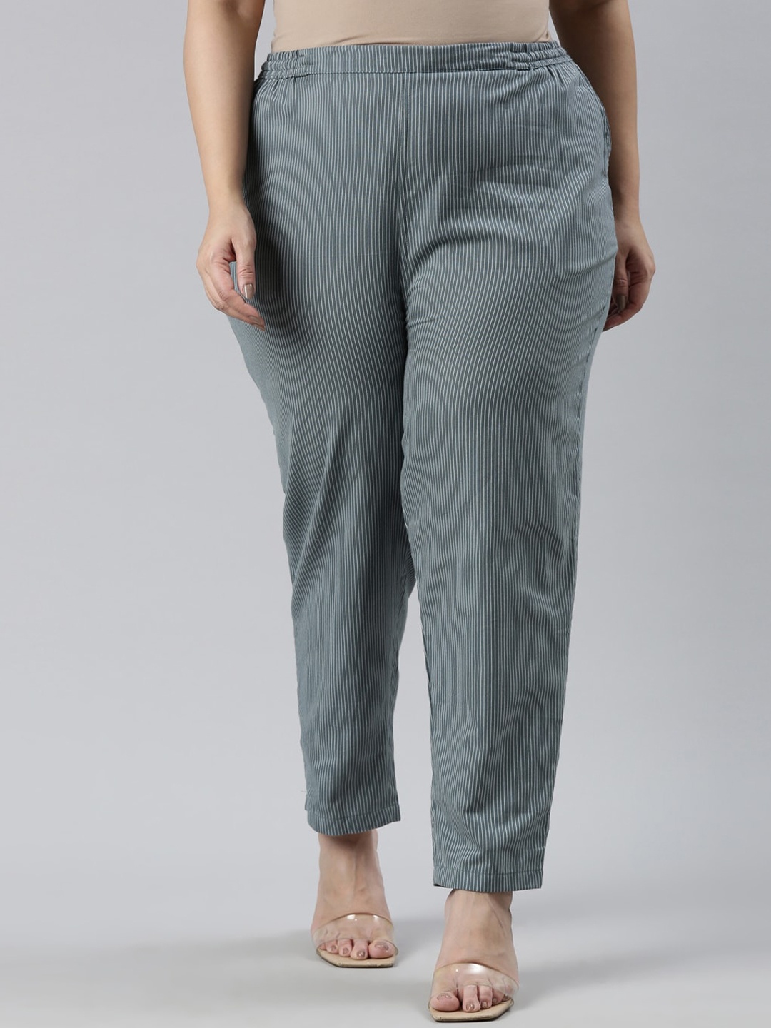 

Go Colors Women Plus Size Striped Comfort Trousers, Green