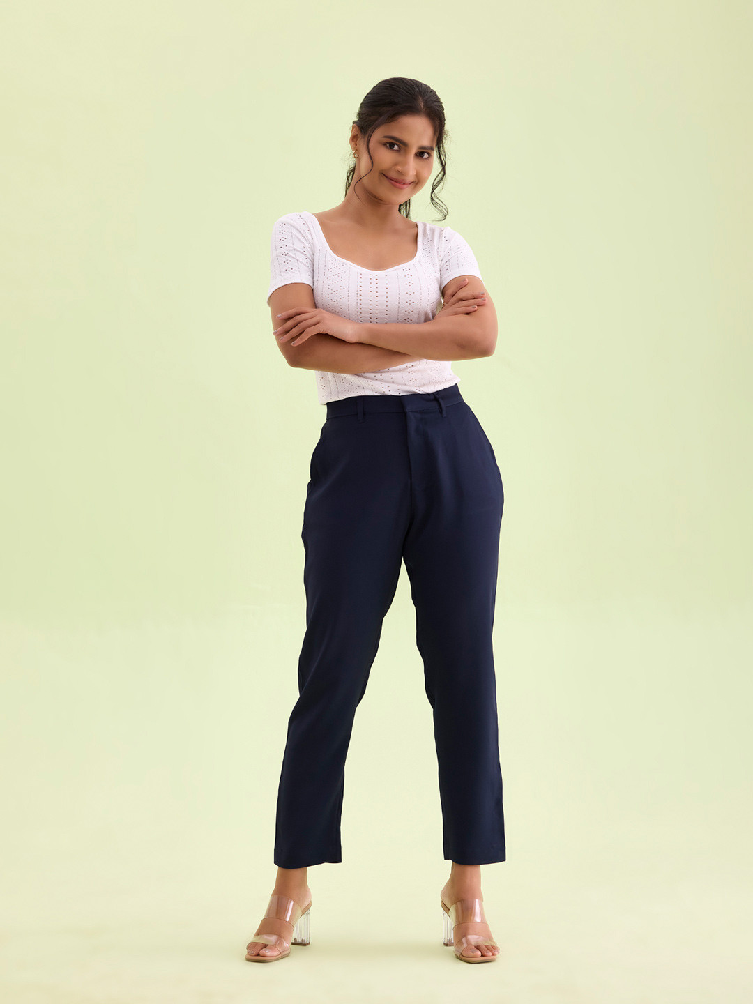 

Go Colors Women Plus Size Tapered Fit Formal Trousers, Navy blue