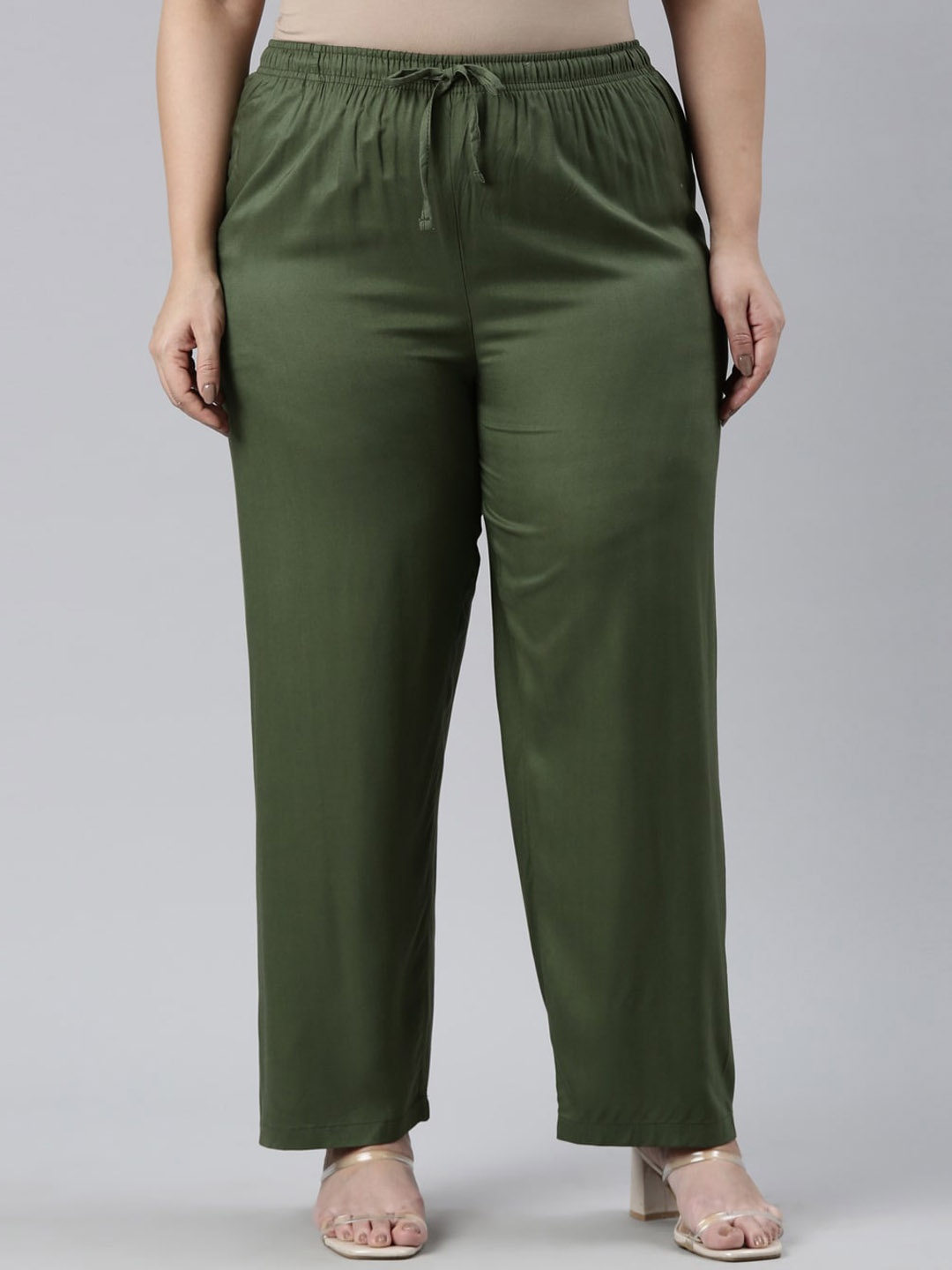 

Go Colors Women Plus Size Mid Rise Relaxed Straight Fit Trousers, Olive