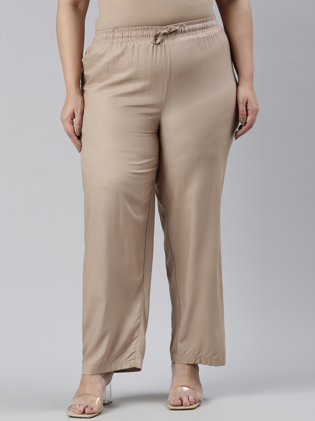 

Go Colors Women Plus Size Mid Rise Relaxed Straight Fit Trousers, Beige