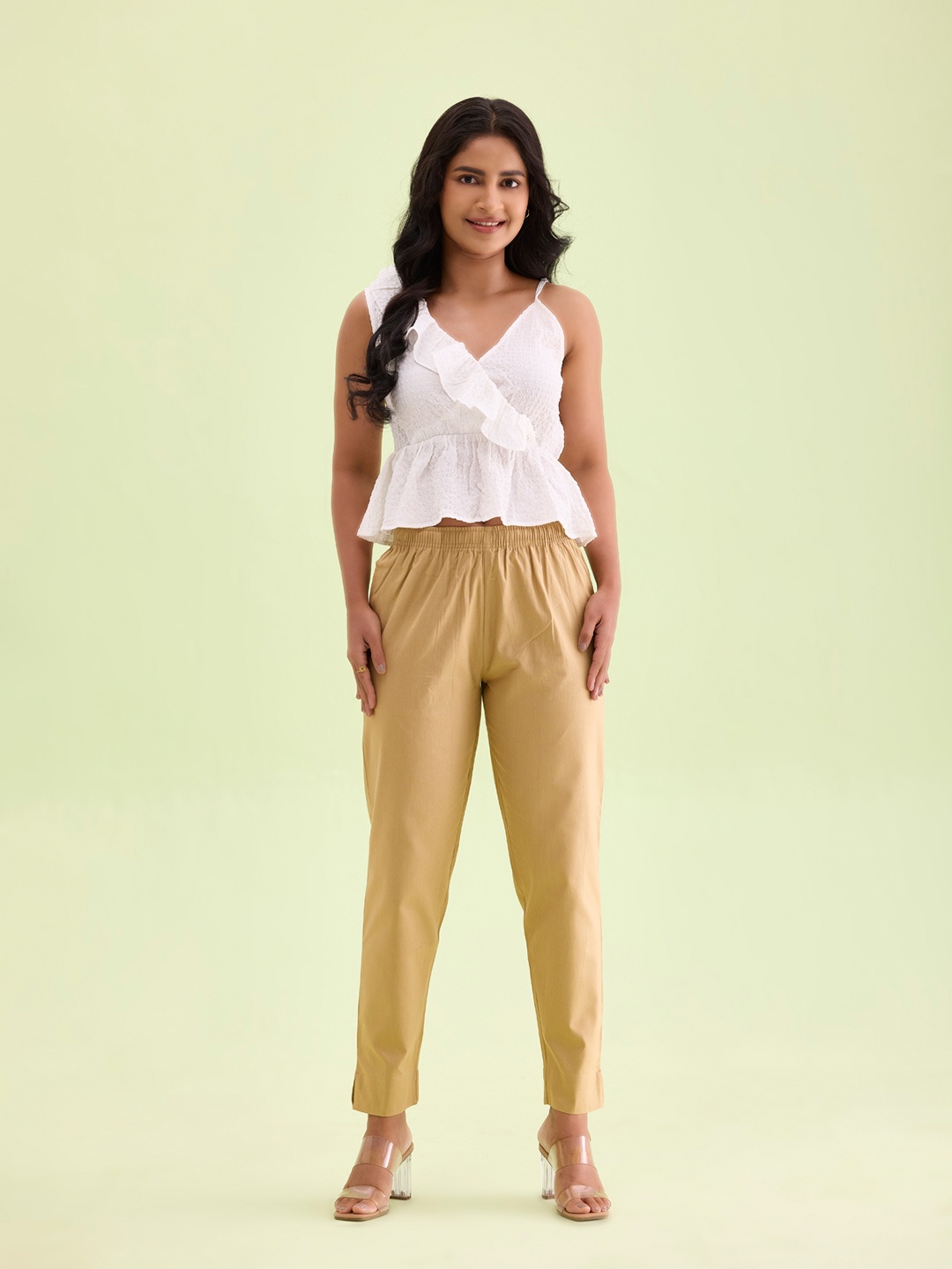 

Go Colors Women Plus Size Relaxed Straight Fit Cotton Trousers, Cream