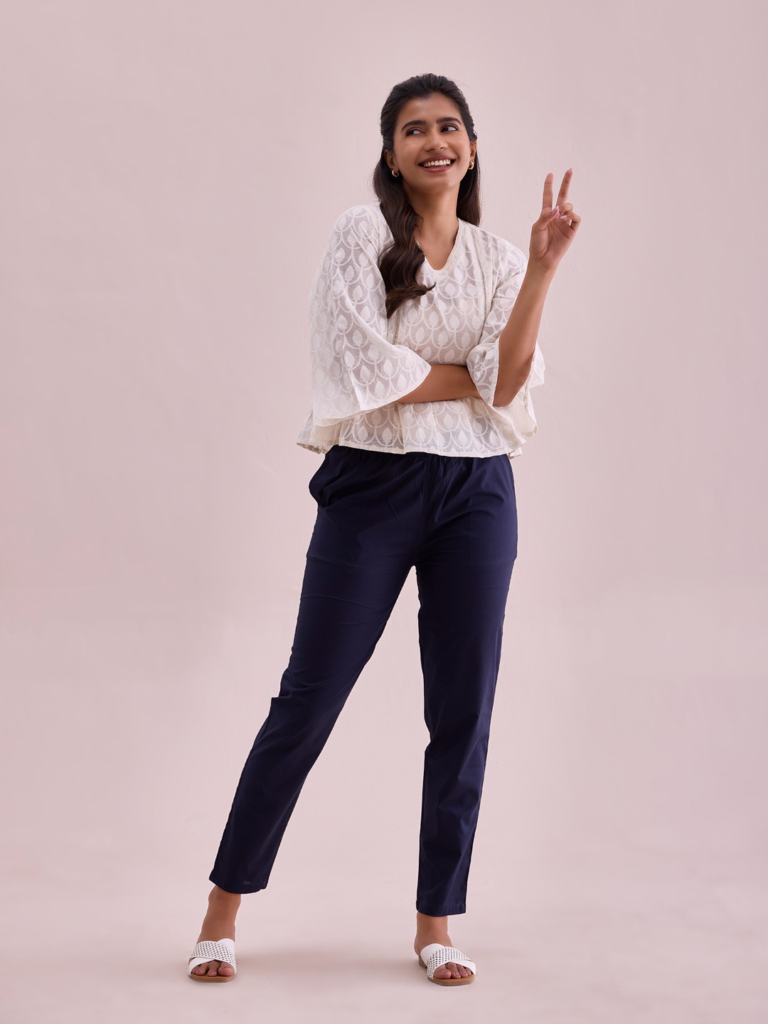 

Go Colors Women Plus Size Tapered Fit Cotton Trousers, Navy blue