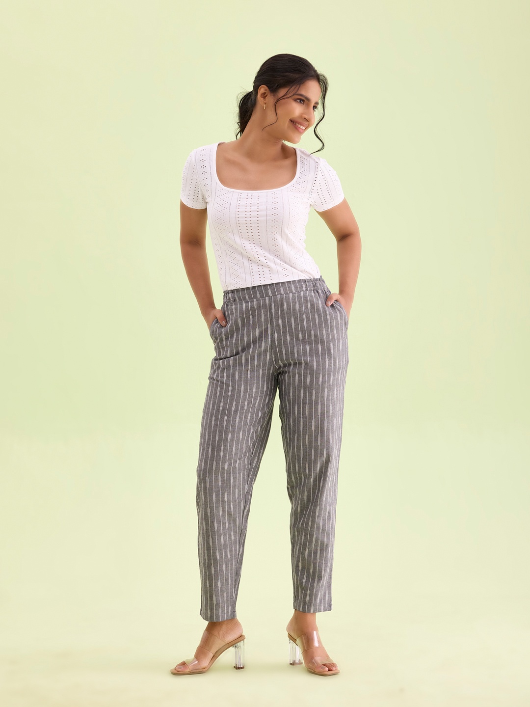 

Go Colors Women Plus Size Striped Tailored Tapered Fit Trousers, Grey