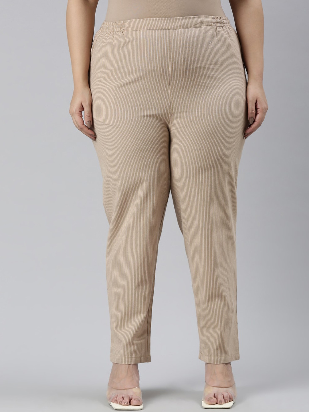

Go Colors Women Plus Size Striped Mid Rise Comfort Linen Trousers, Cream