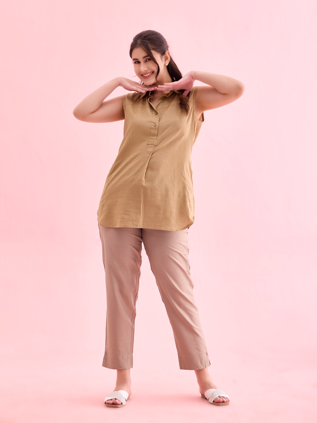 

Go Colors Women Plus Size Tapered Fit Trousers, Beige