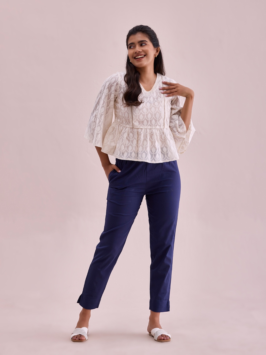 

Go Colors Women Plus Size Relaxed Straight Fit Cotton Trousers, Navy blue