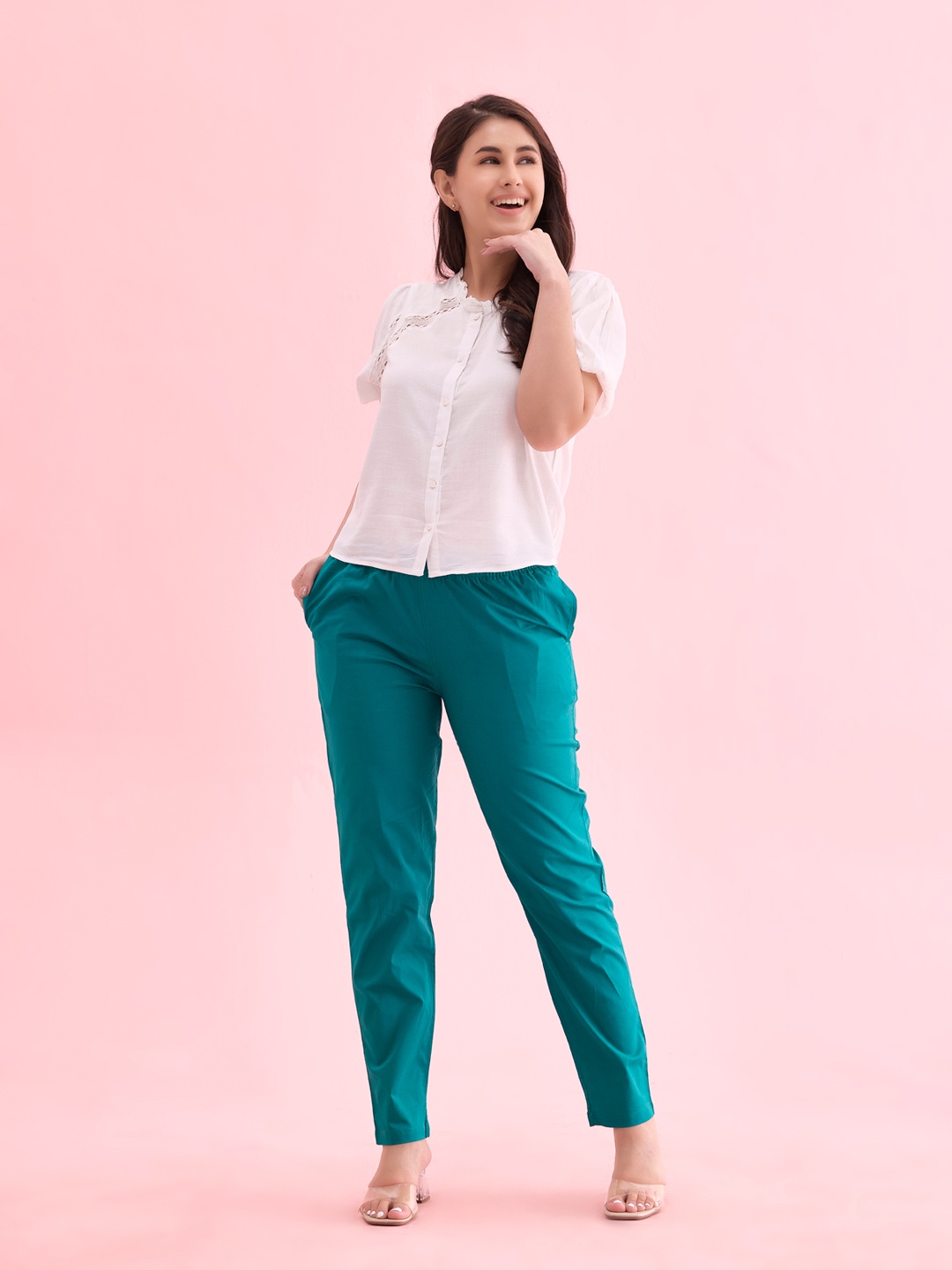 

Go Colors Women Plus Size Tailored Tapered Fit Cotton Cigarette Trousers, Blue