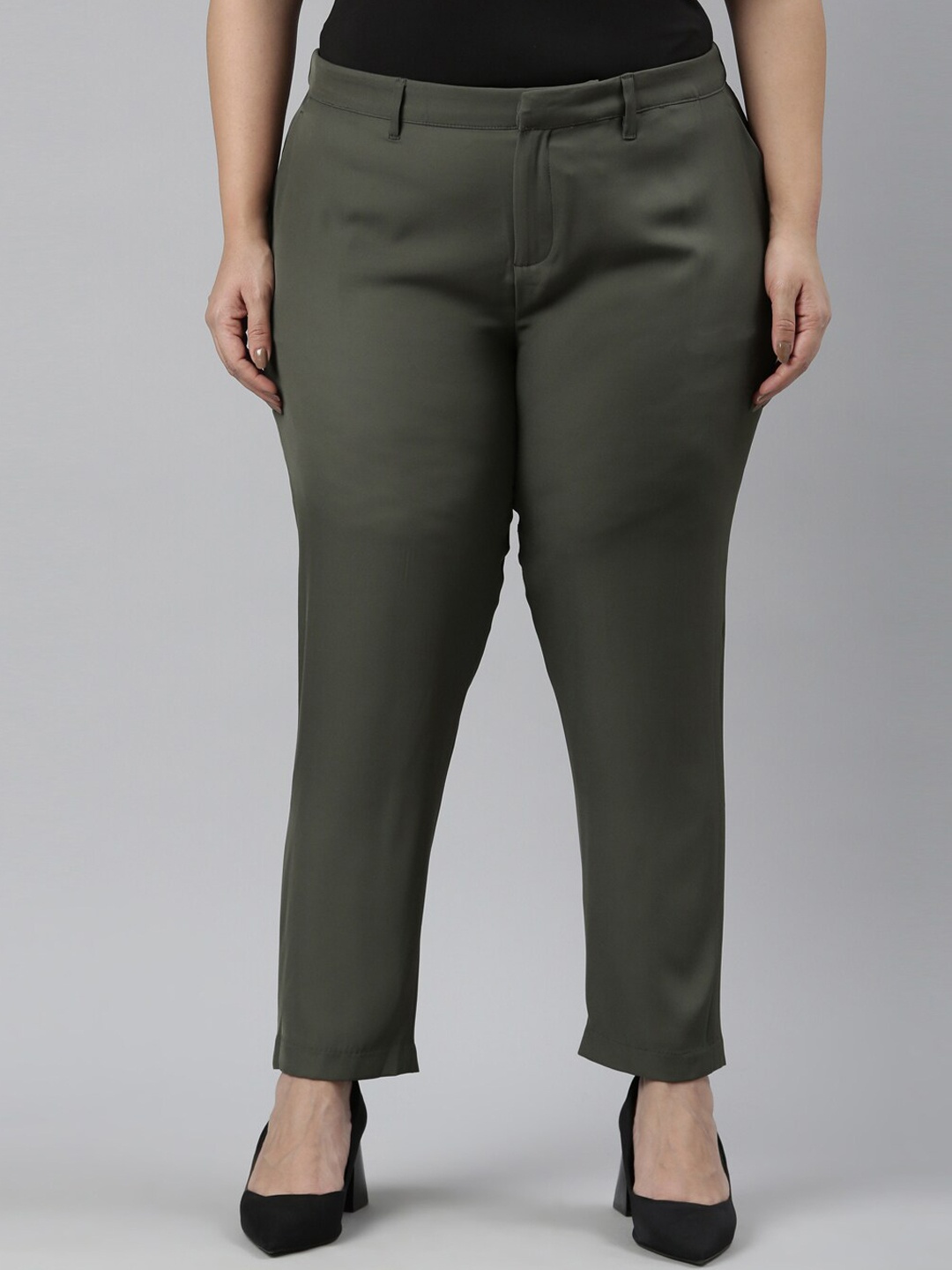 

Go Colors Women Plus Size Tailored Tapered Fit Trousers, Olive