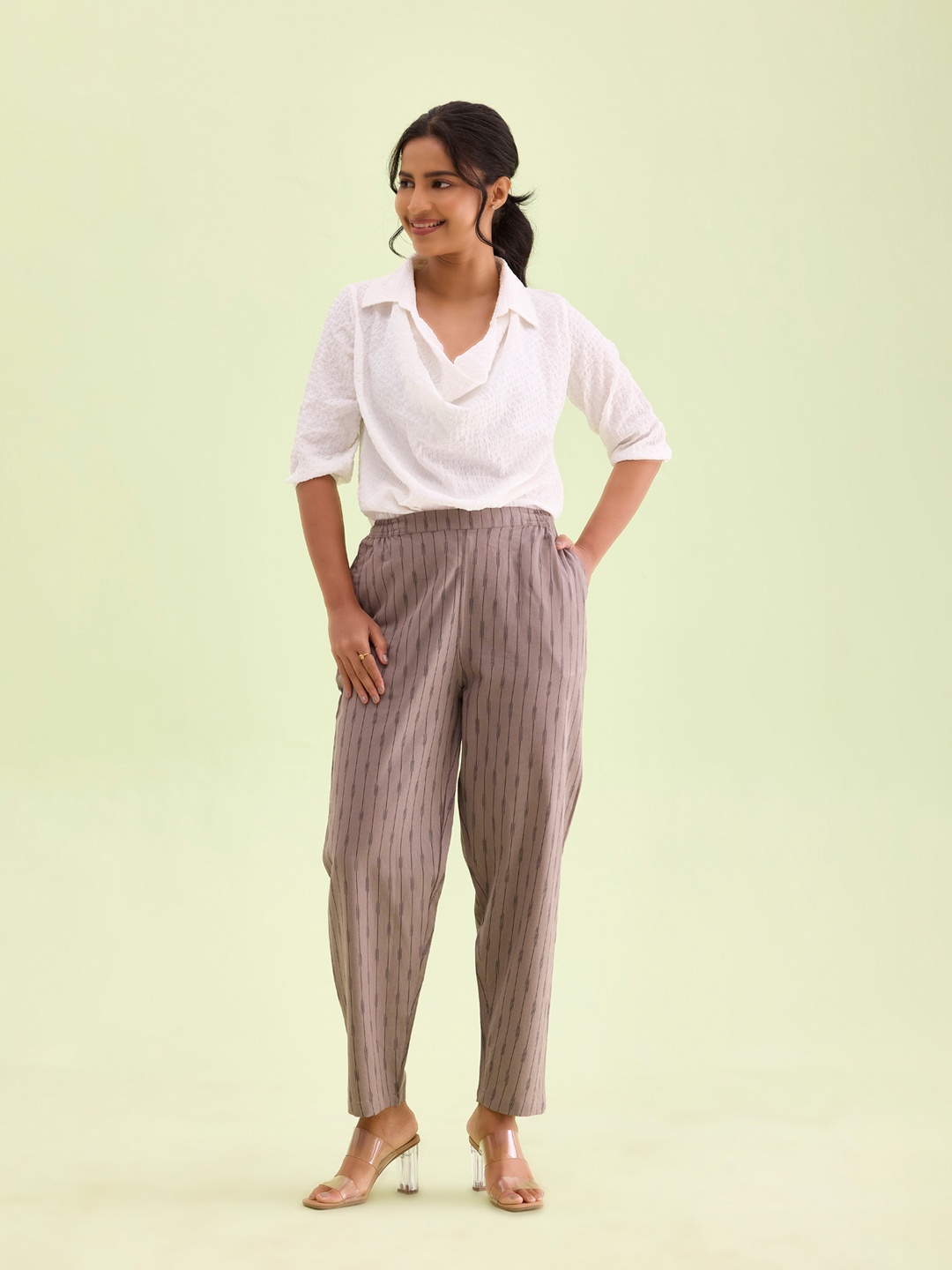 

Go Colors Women Plus Size Printed Tapered Fit Linen Trousers, Beige