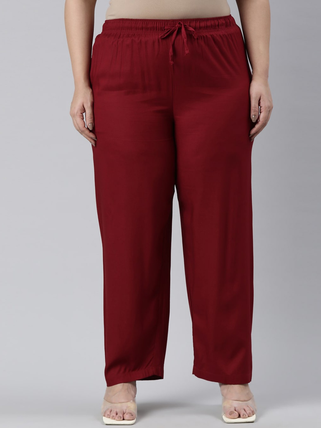 

Go Colors Women Plus Size Mid Rise Relaxed Straight Fit Trousers, Red