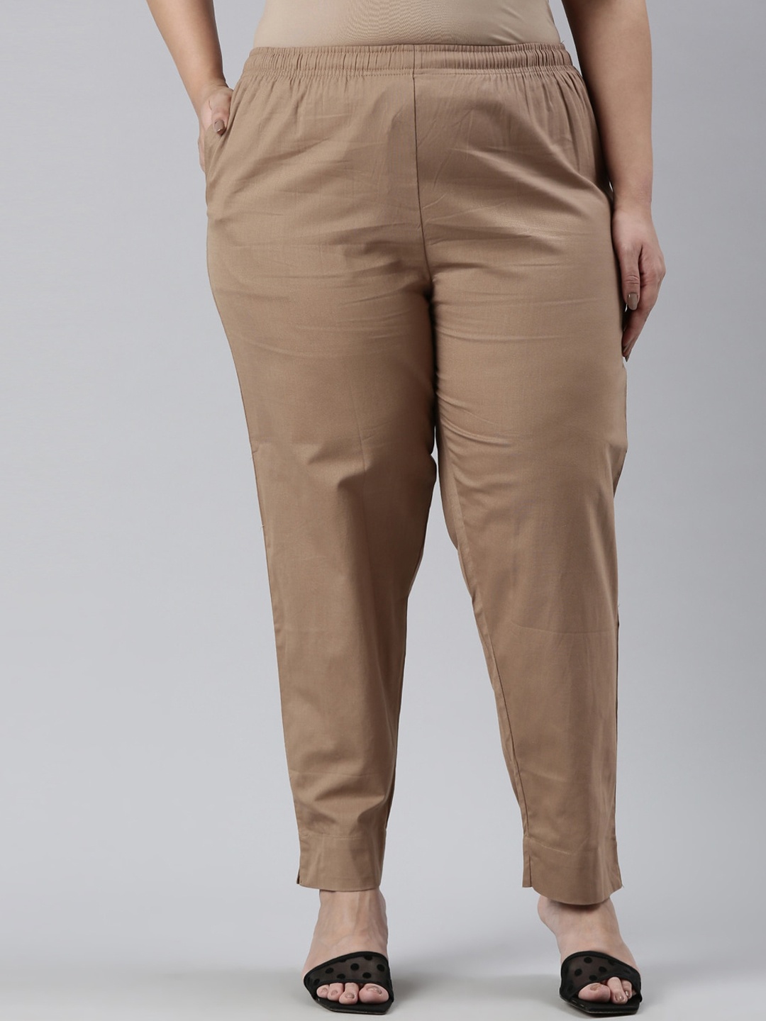 

Go Colors Women Plus Size Mid Rise Relaxed Regular Fit Cotton Trousers, Brown