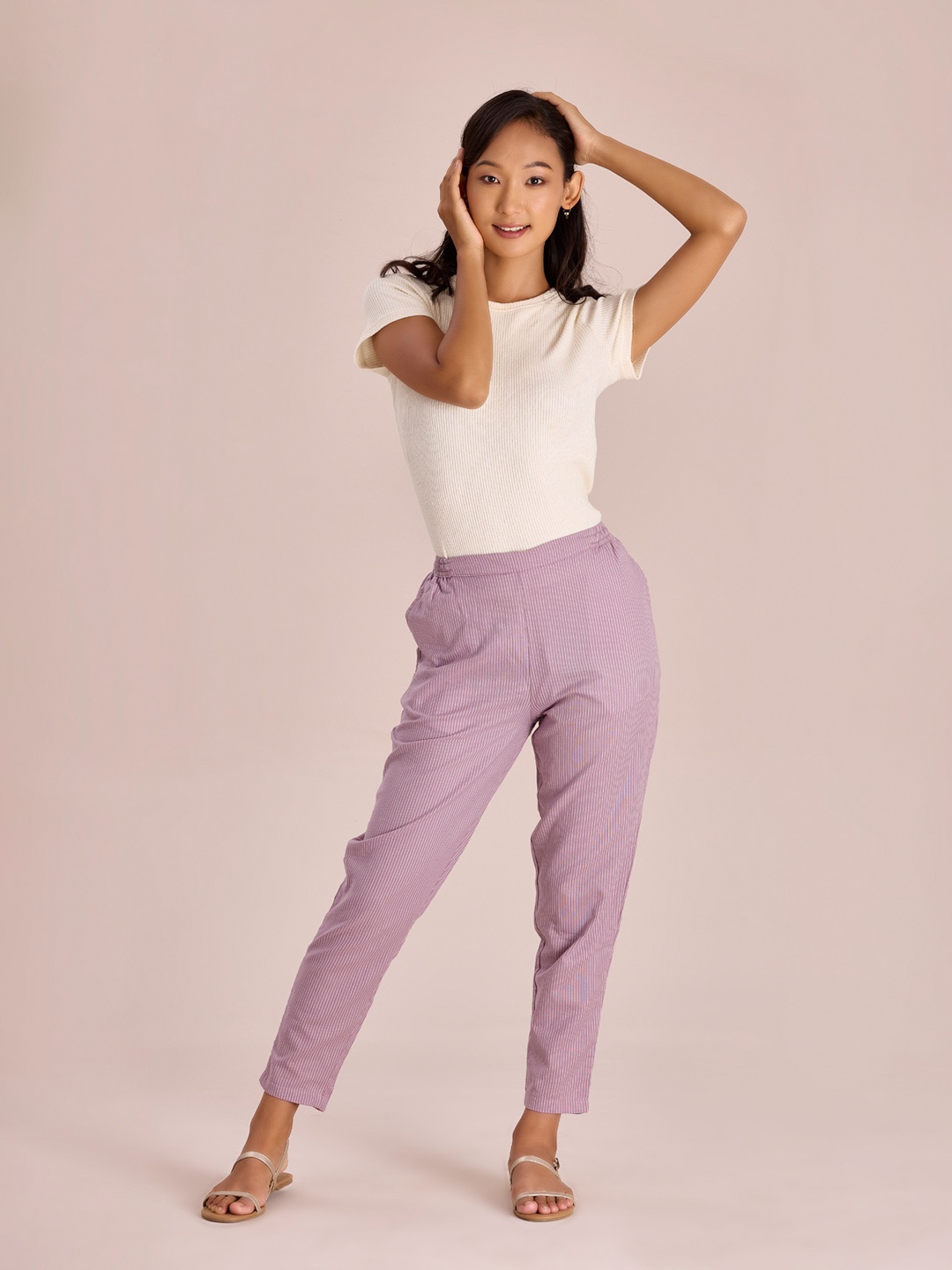 

Go Colors Women Plus Size Striped Relaxed Straight Fit Cotton Trousers, Purple