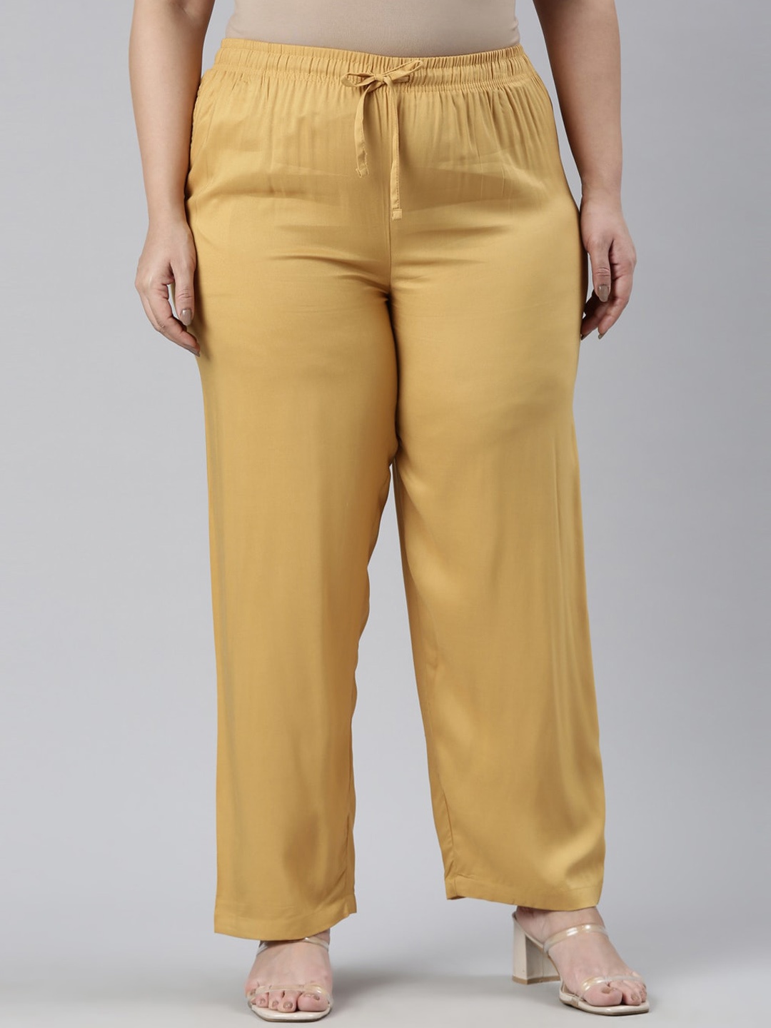 

Go Colors Women Plus Size Mid Rise Relaxed Straight Fit Trousers, Mustard