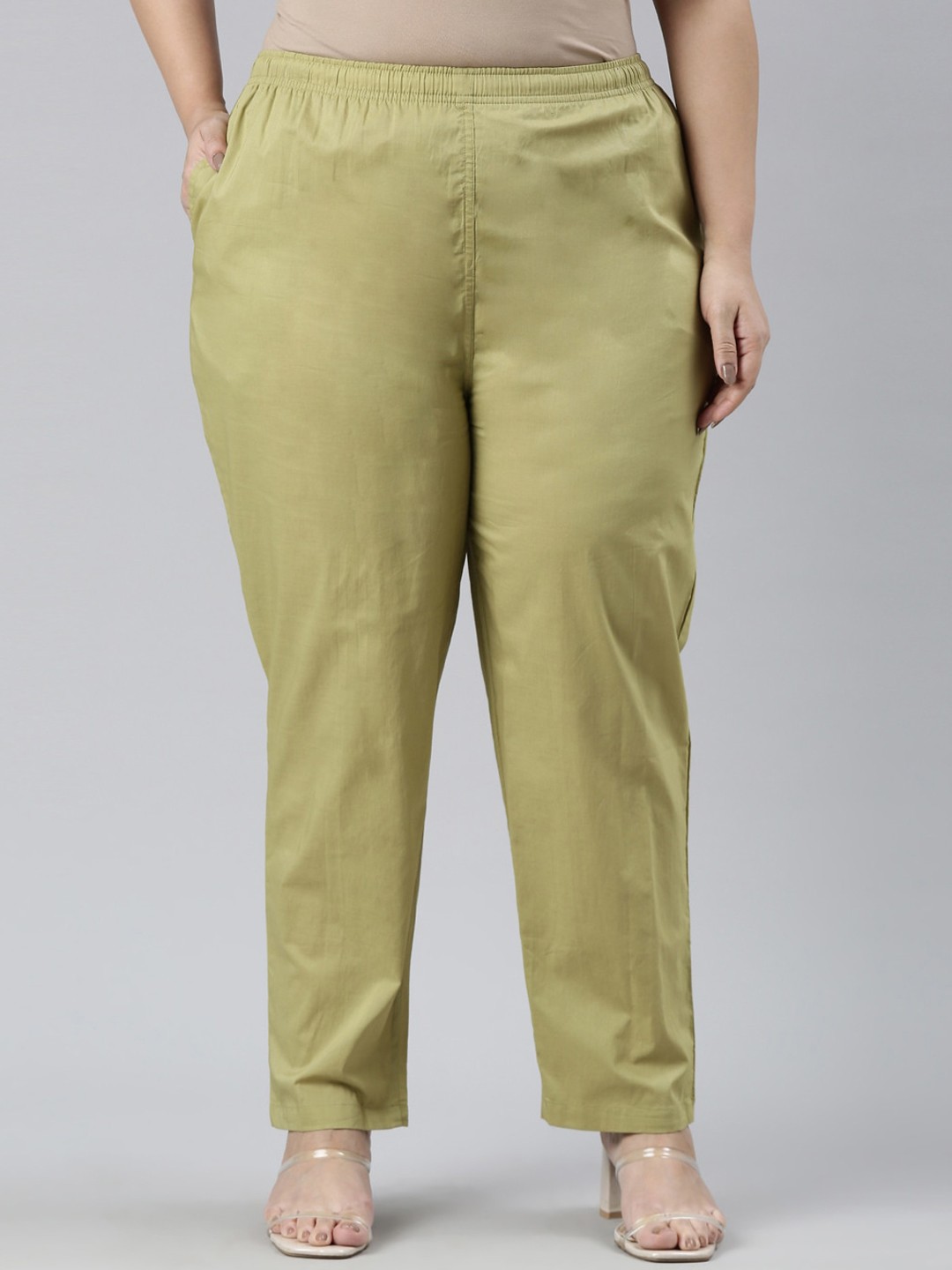 

Go Colors Women Plus Size Tailored Regular Fit Cotton Trousers, Green