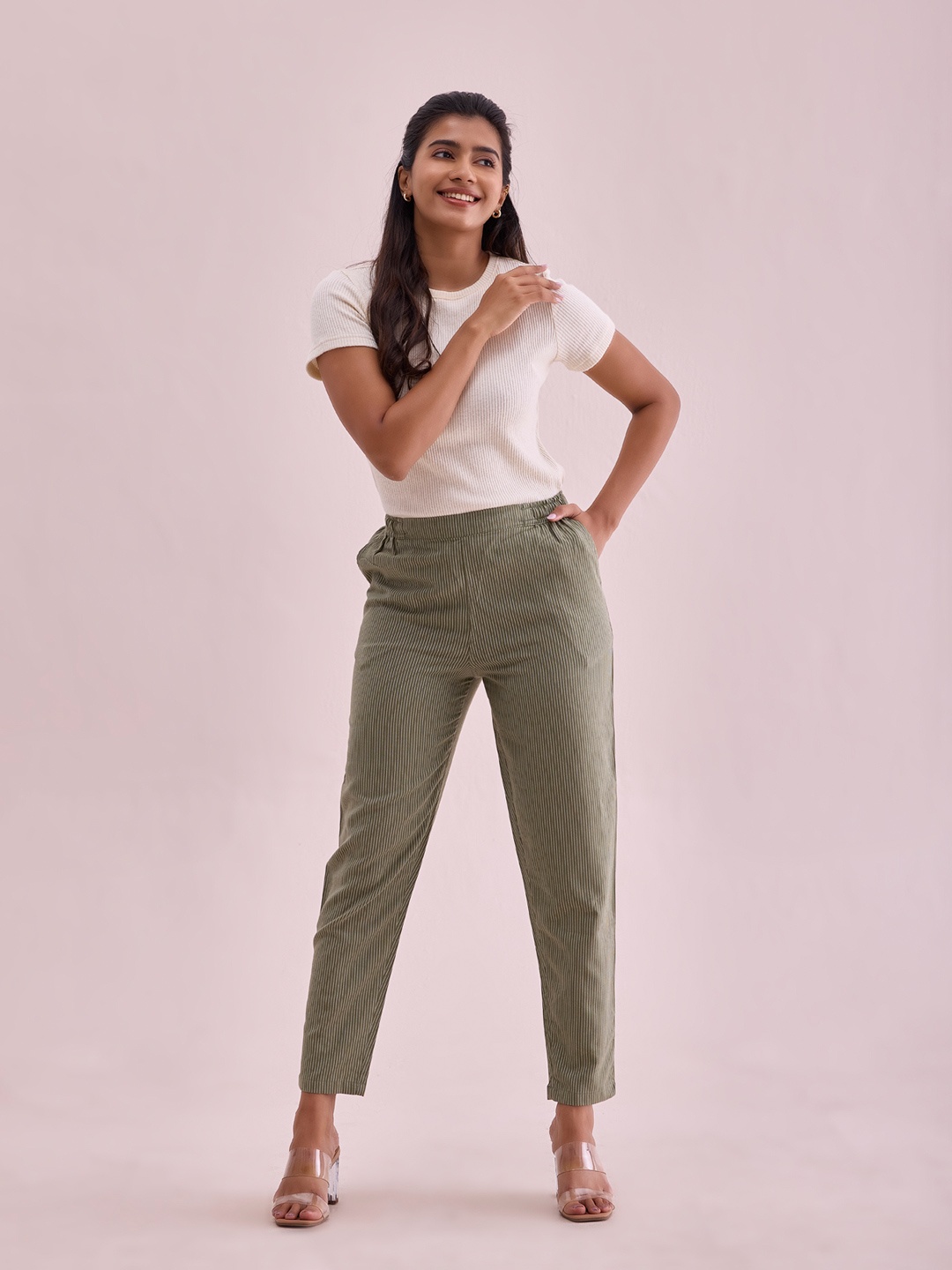 

Go Colors Women Plus Size Striped Regular Fit Comfort Linen Trousers, Olive