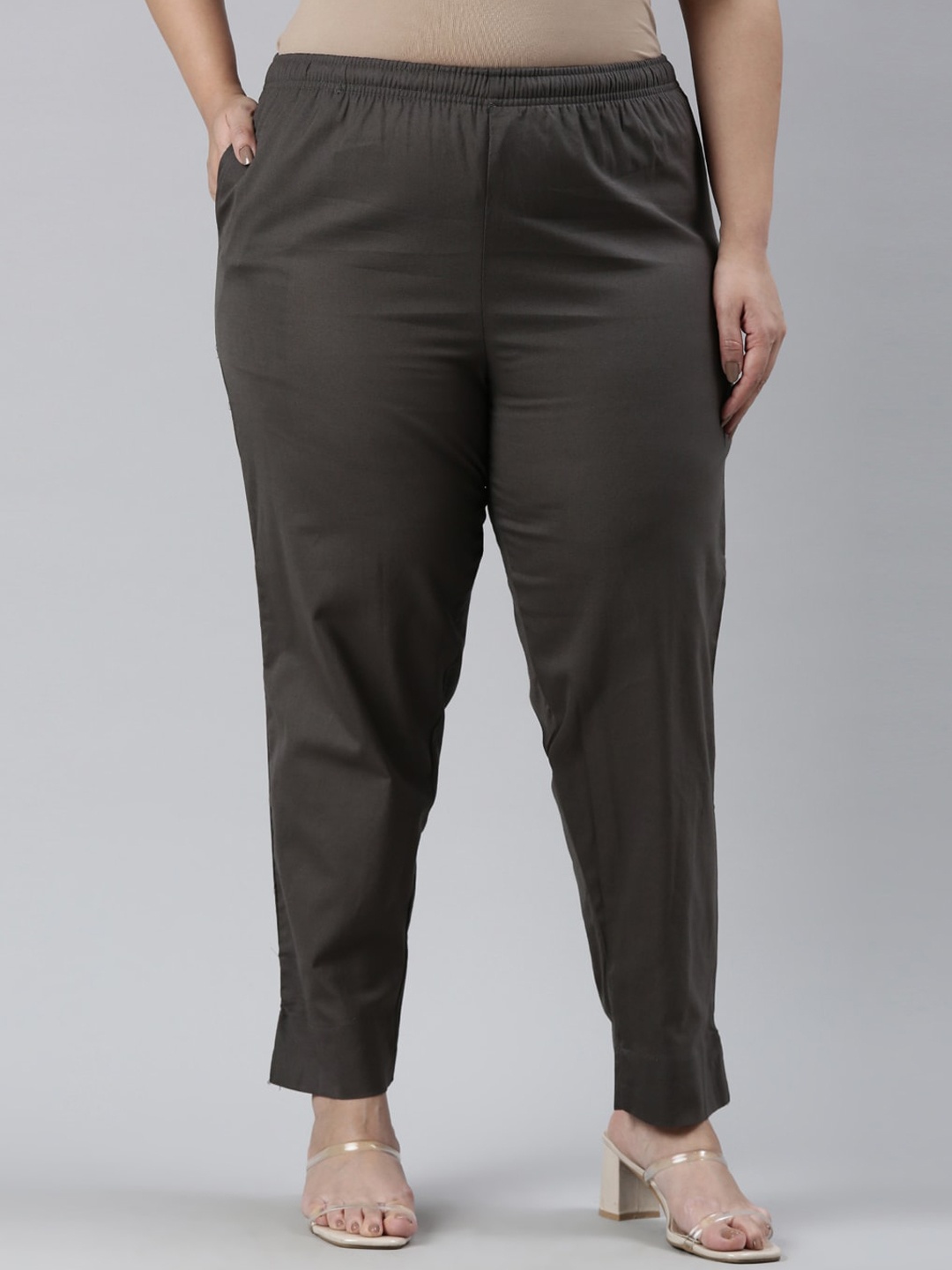 

Go Colors Women Plus Size Relaxed Straight Fit Mid-Rise Cotton Trousers, Charcoal