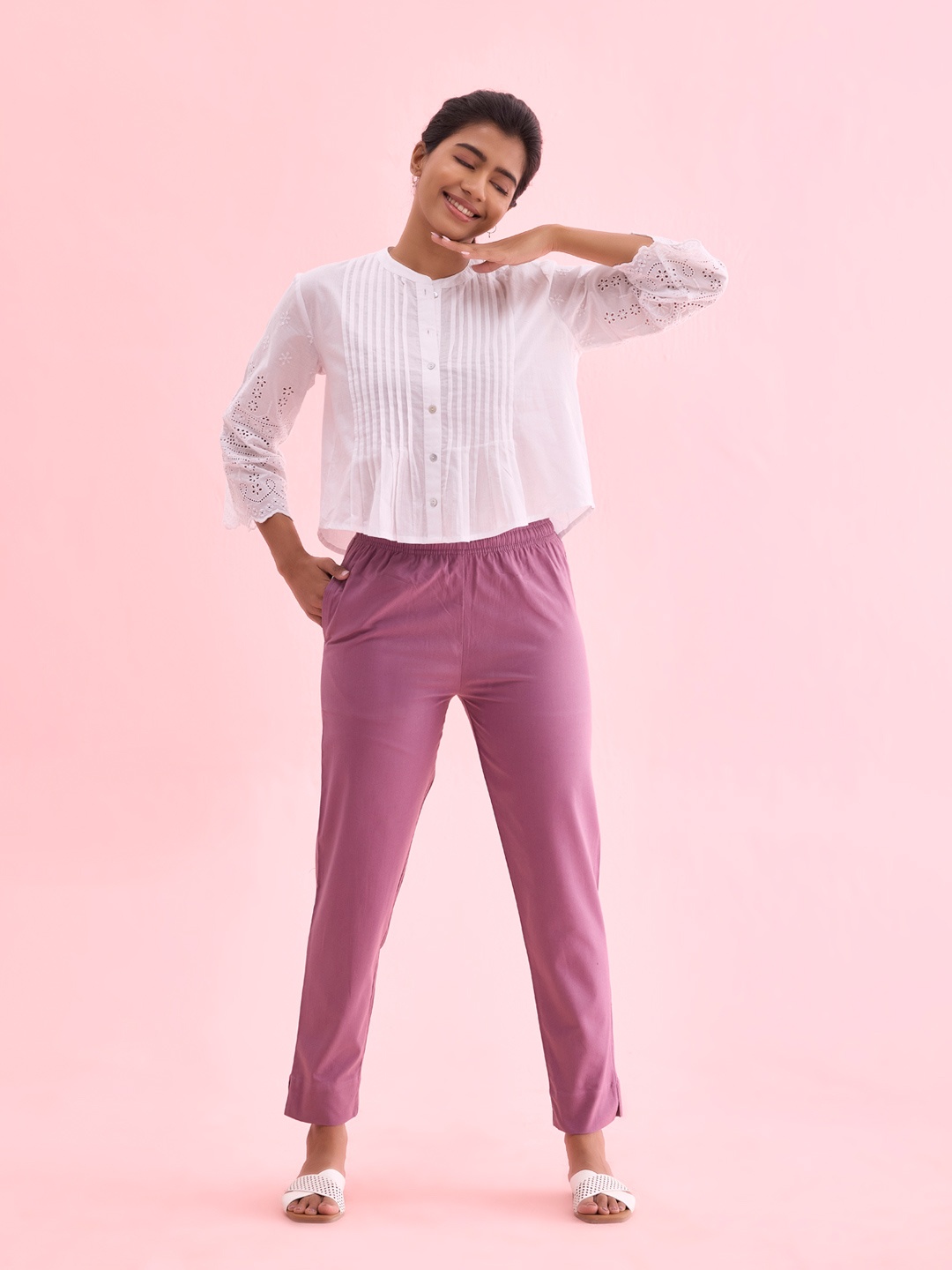 

Go Colors Women Plus Size Relaxed Straight Fit Cotton Trousers, Purple