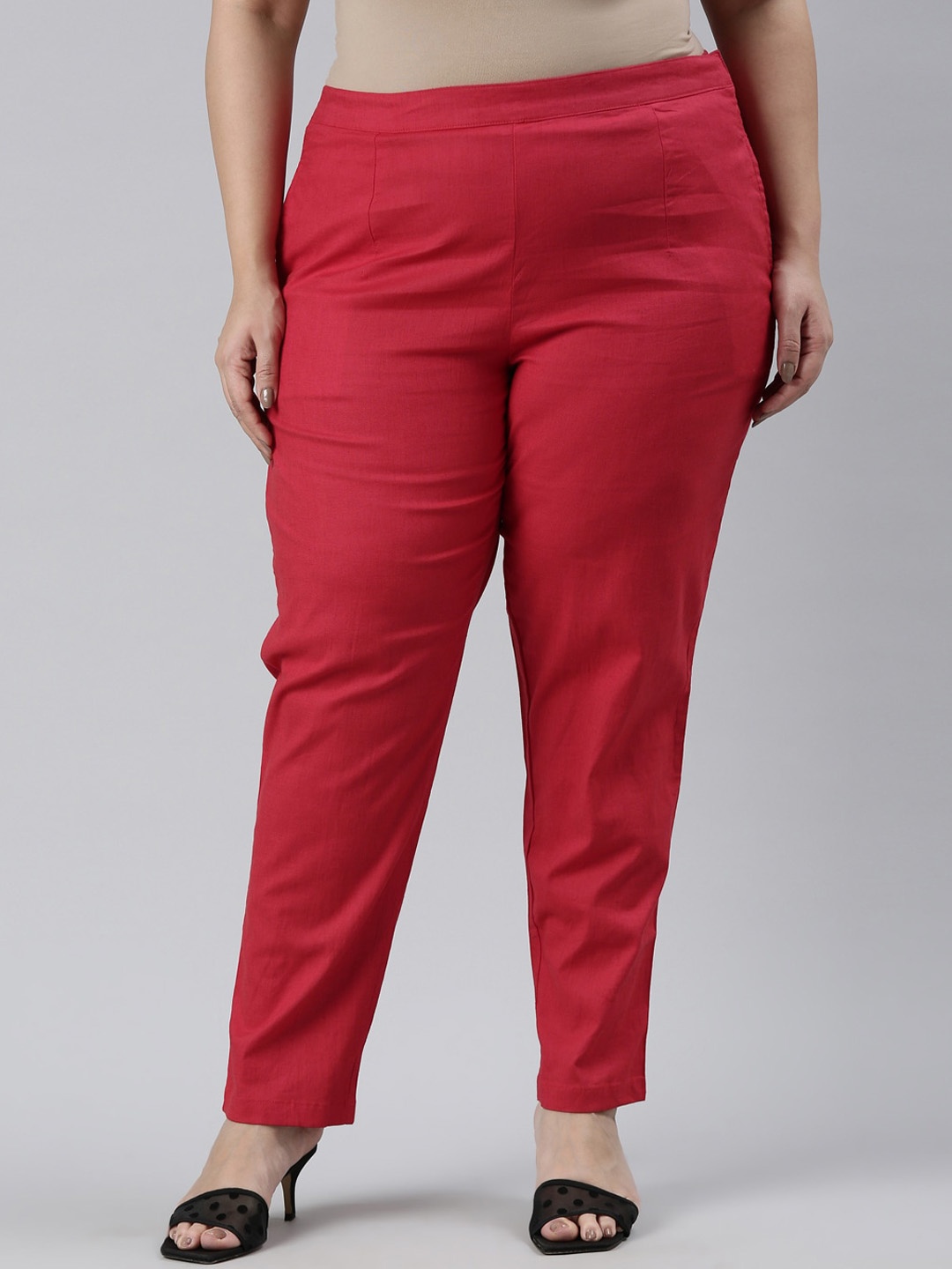 

Go Colors Women Plus Size Tailored Tapered Fit Linen Trousers, Red