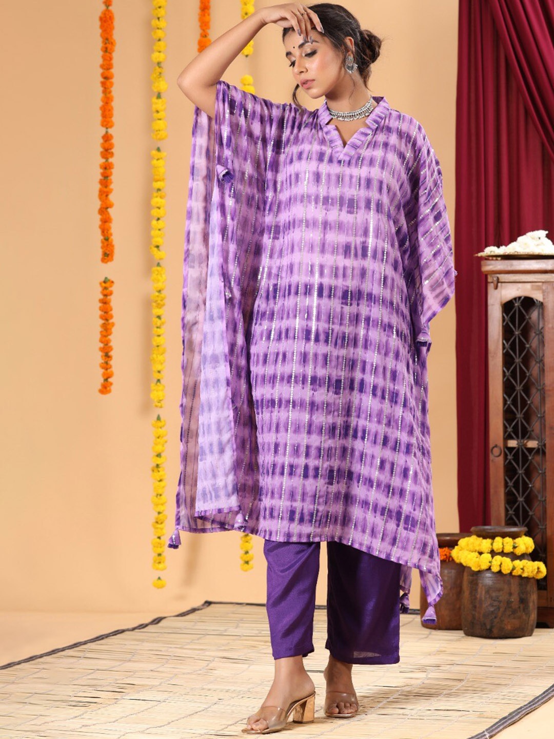 

AUTUMN LANE Shibori Printed Regular Sequinned Kaftan With Salwar, Purple