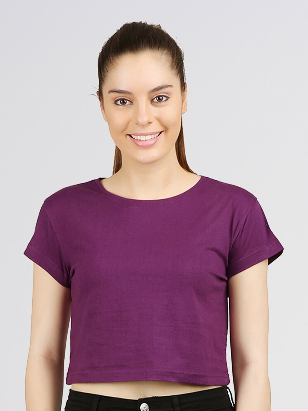 

appulse Round Neck Regular Sleeves Cotton Crop Top, Purple